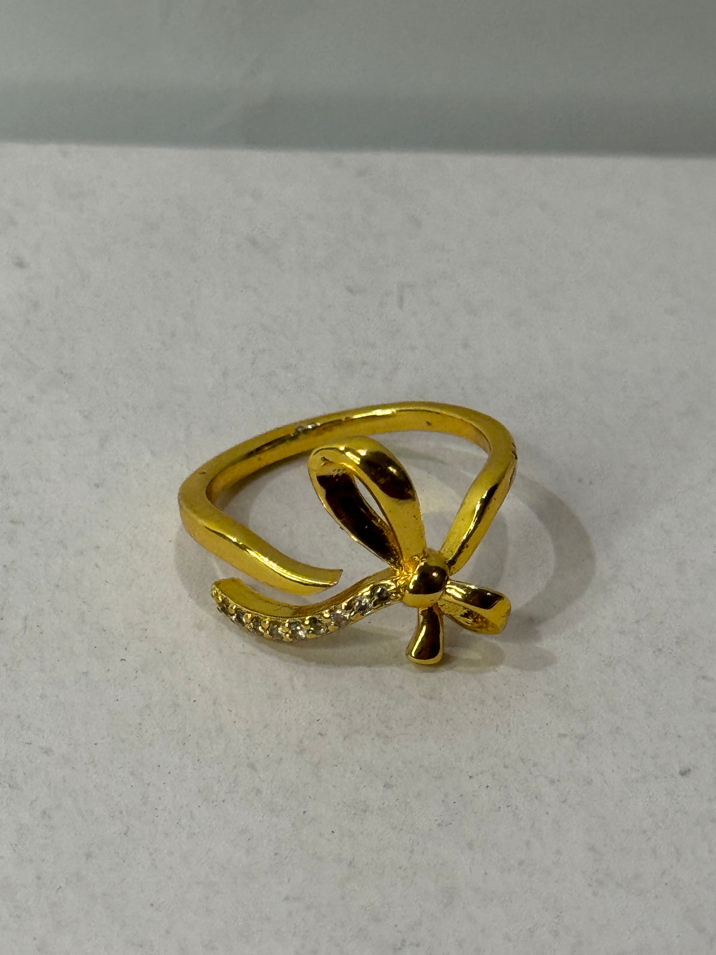 Bow Charm Gold Adjustable Ring with Diamond Accents – Women’s Jewelry