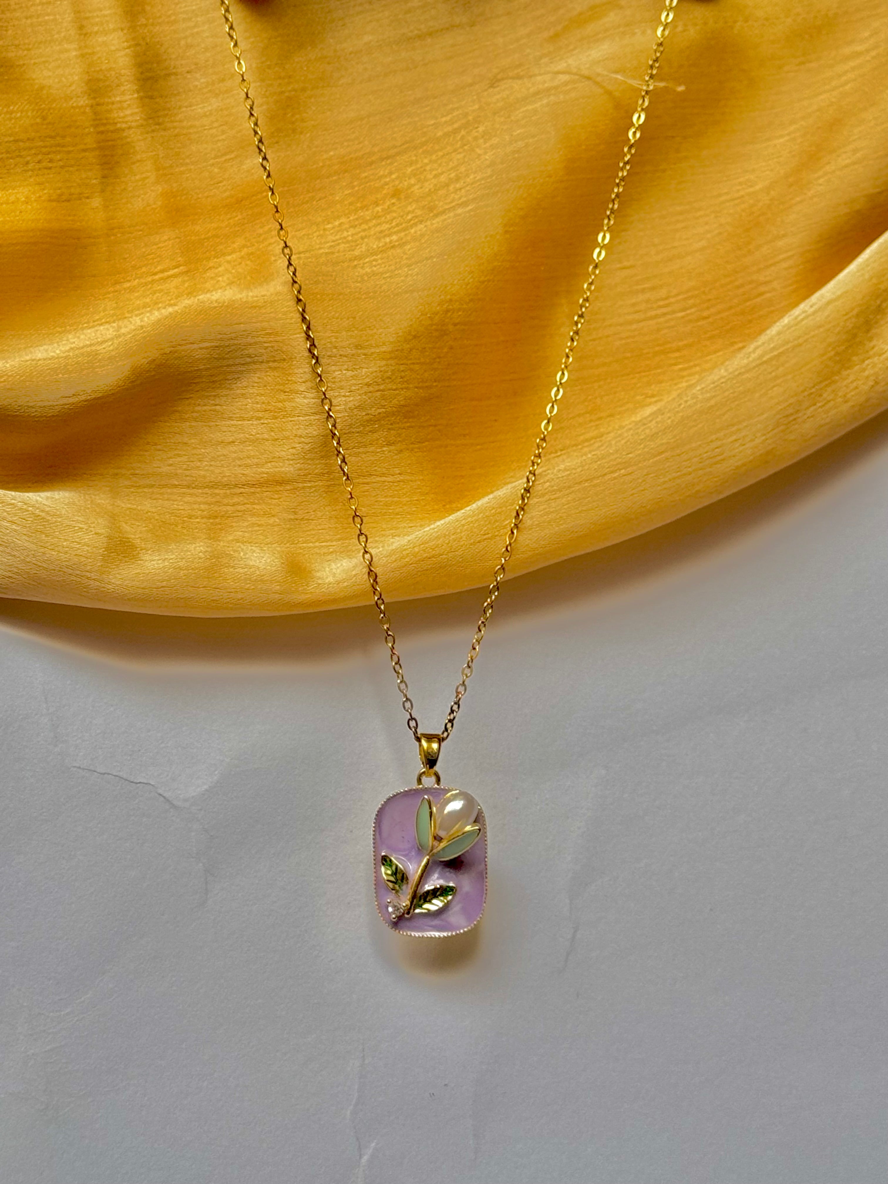 Elegant Gold Chain with Purple Enamel Lotus Pendant | Alish Jewellery