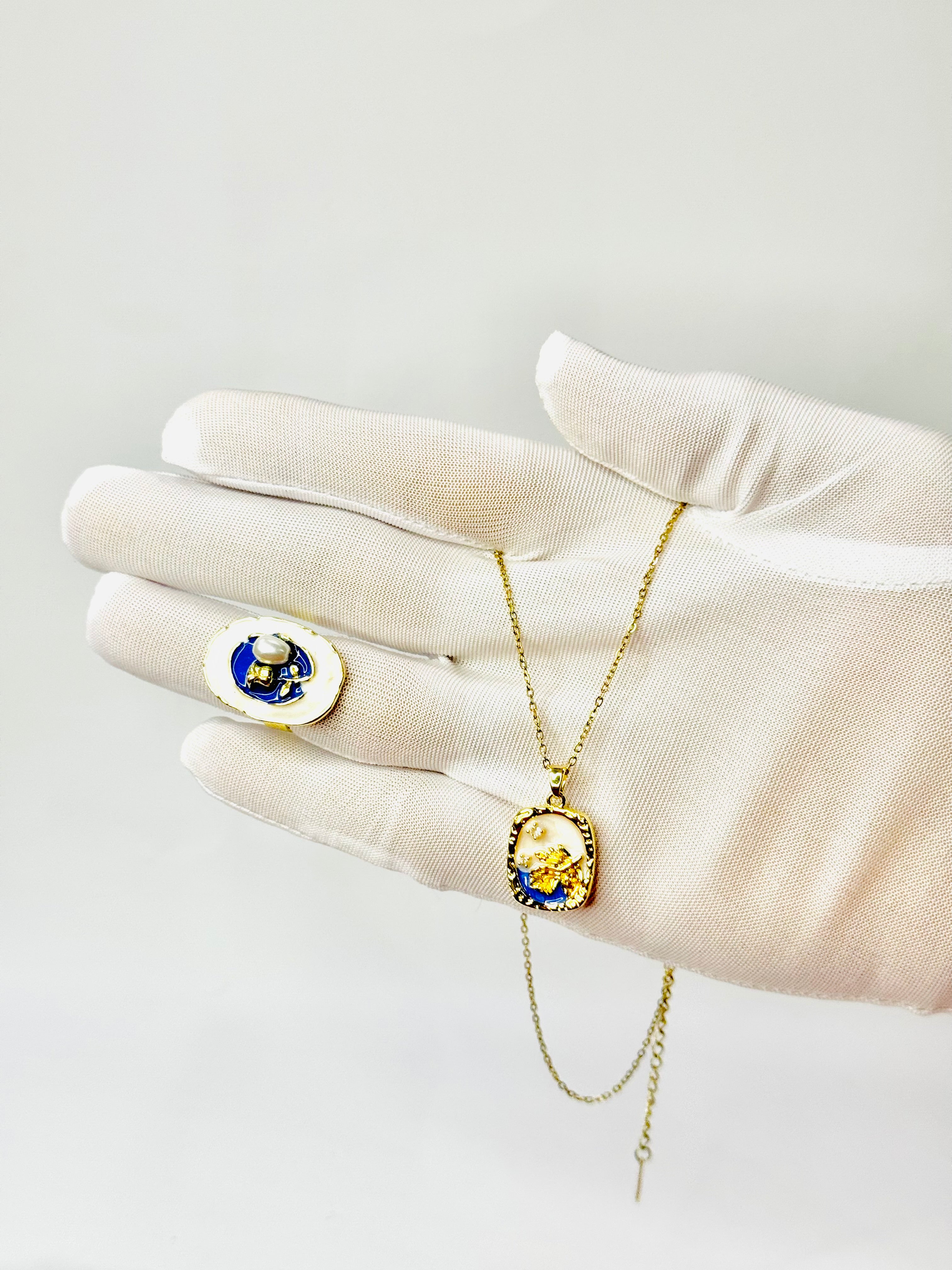 Blue Enamel Lotus Pendant Necklace & Ring Combo – Gold-Plated | Alish Jewellery