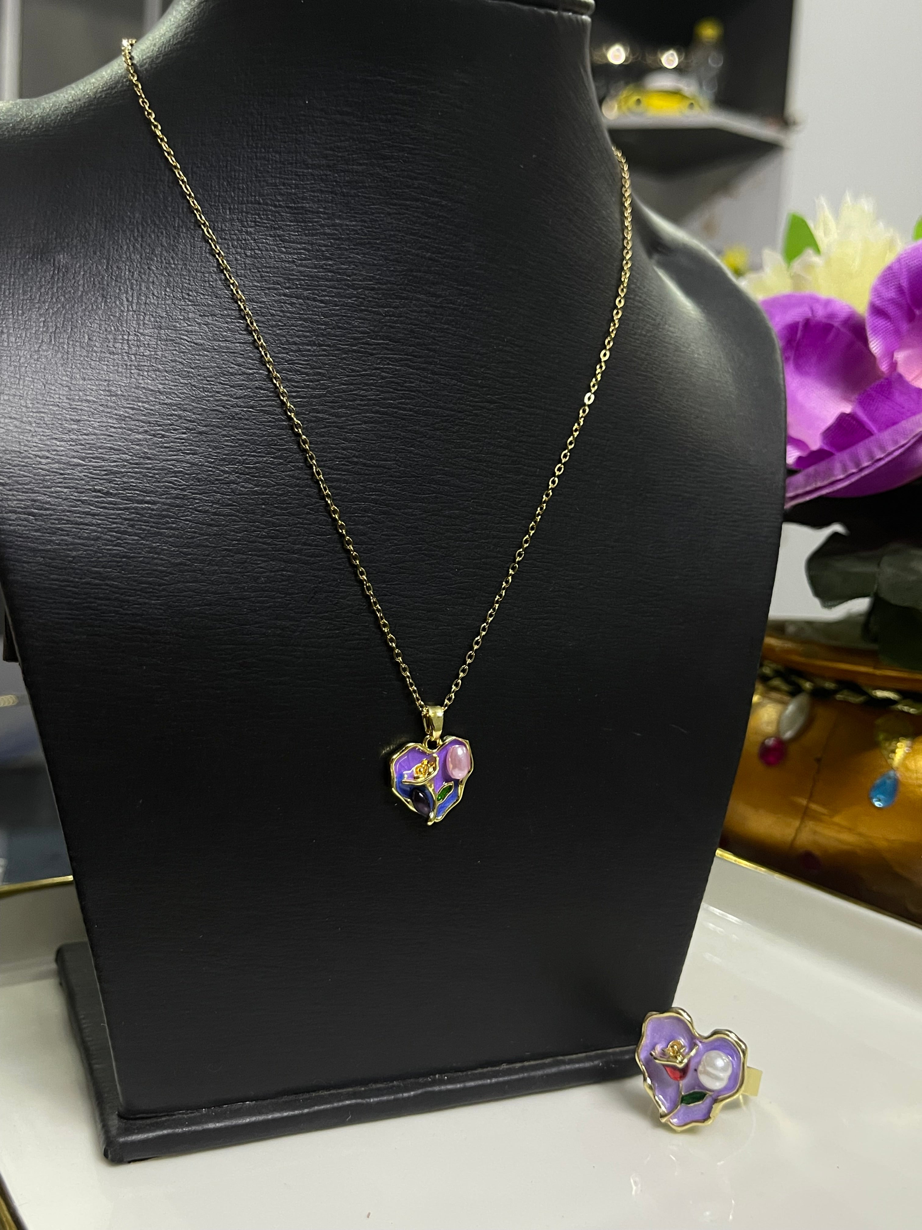 Purple Enamel Lotus Pendant Necklace & Ring Combo – Gold-Plated | Alish Jewellery