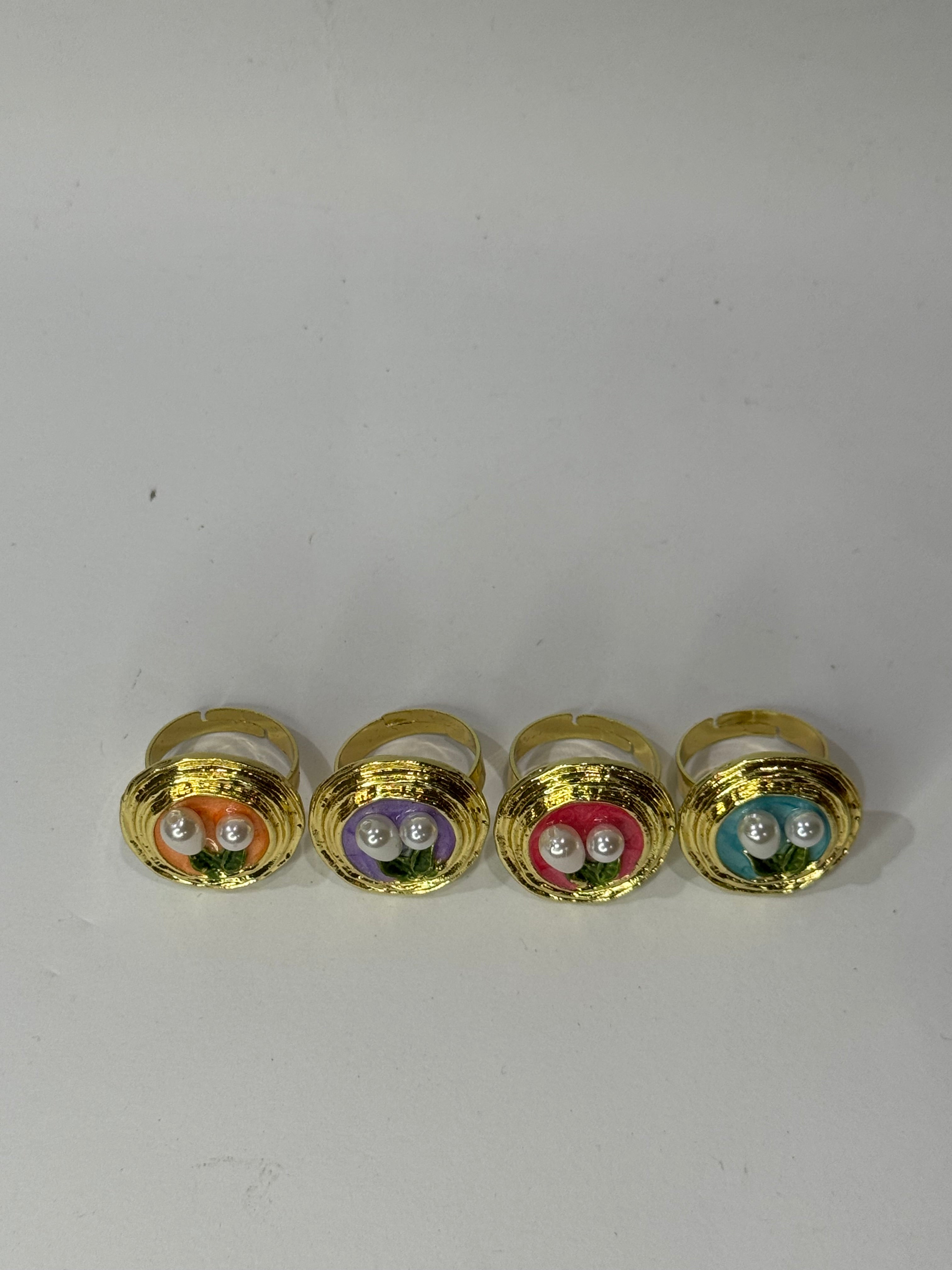 Pastel Floral Pearl Adjustable Rings Set – 4 Color Collection