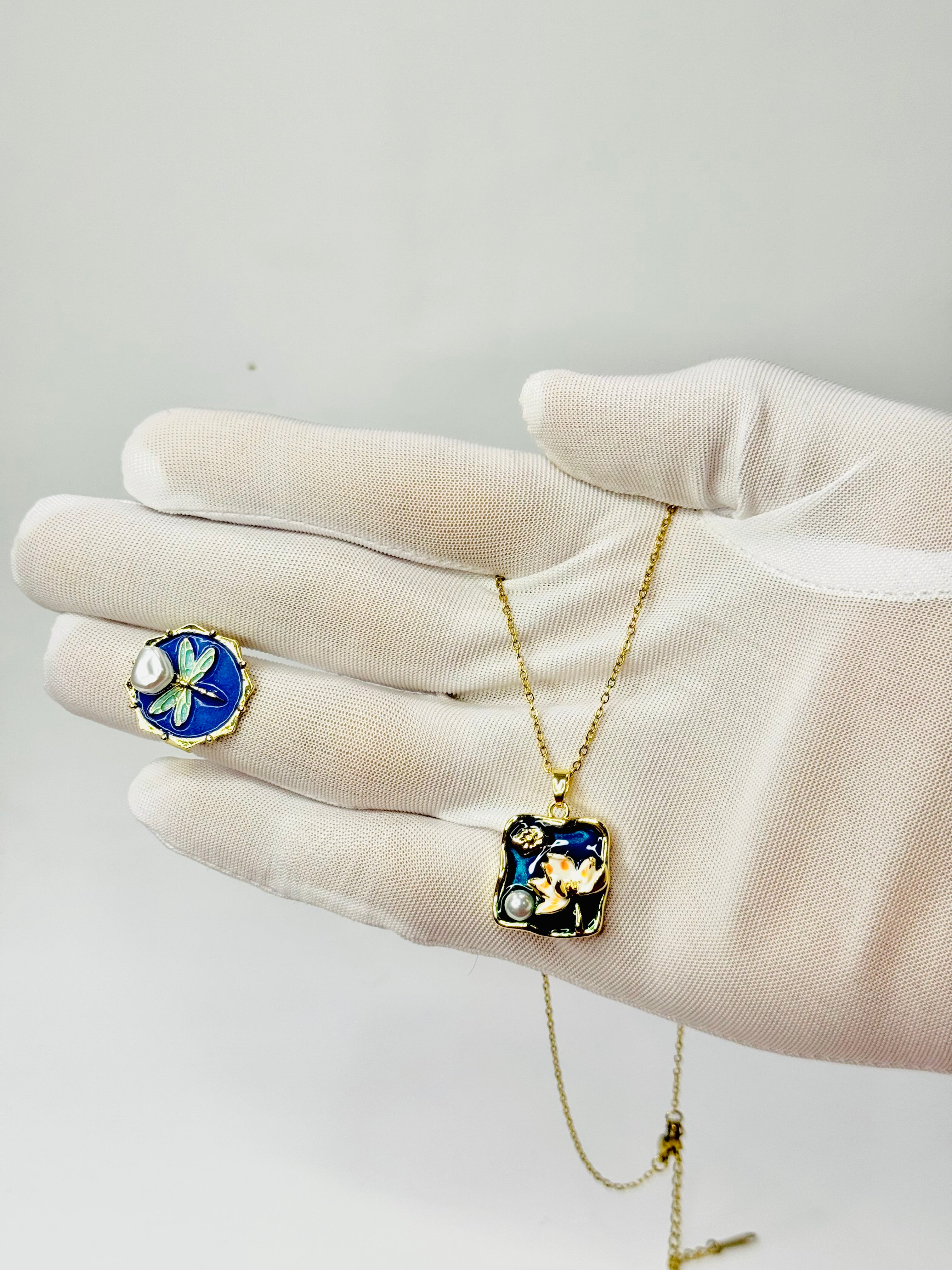 Blue Enamel Lotus Pendant Necklace & Ring Combo – Gold-Plated | Alish Jewellery