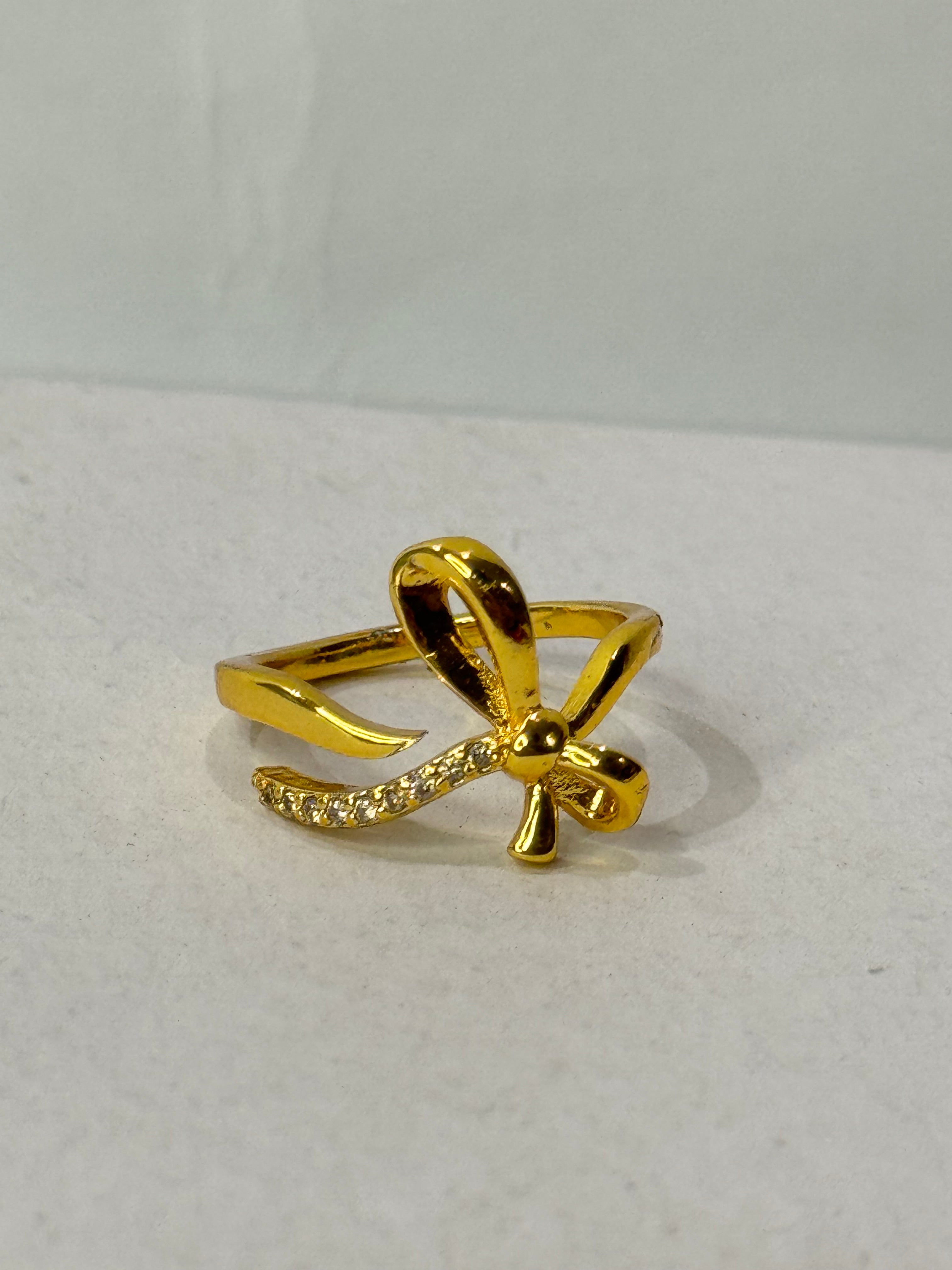 Bow Charm Gold Adjustable Ring with Diamond Accents – Women’s Jewelry