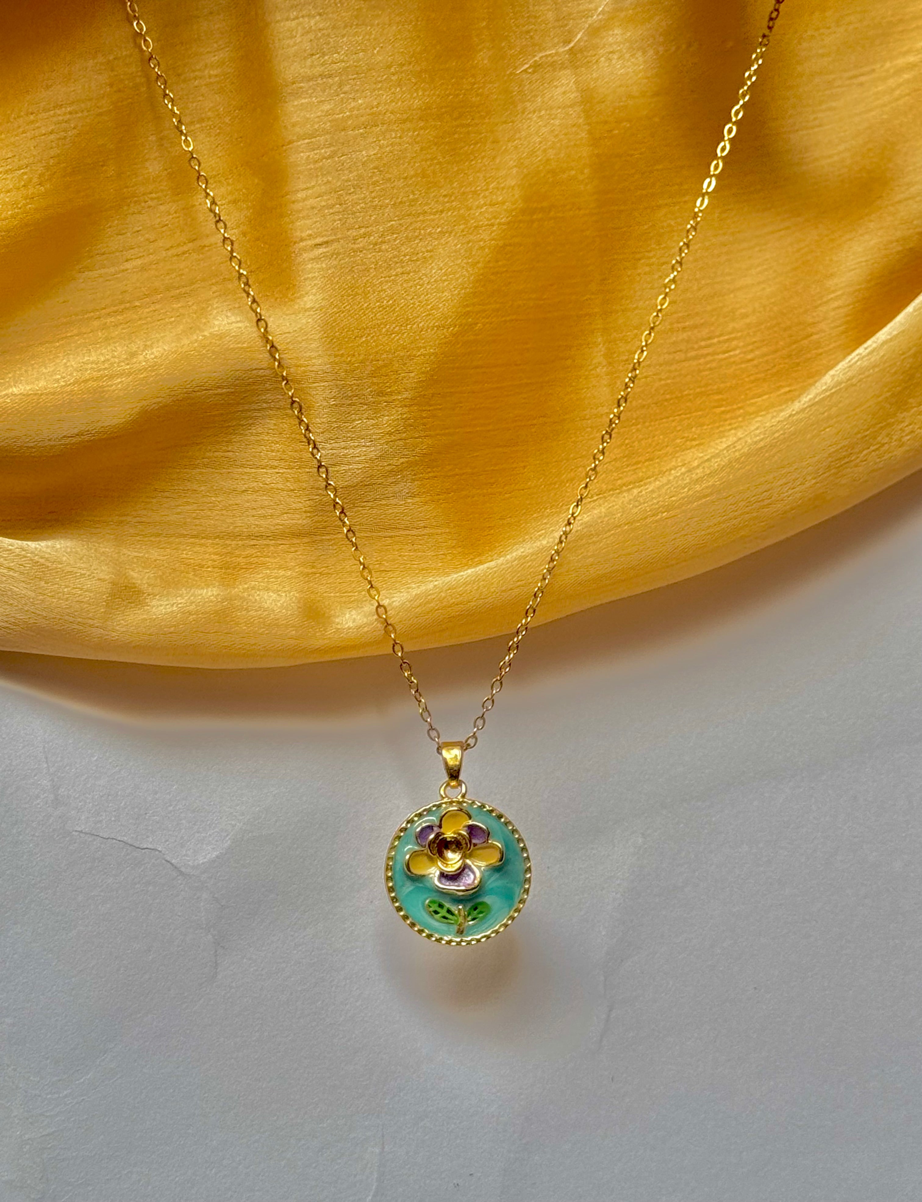 Elegant Gold Chain with Sky Blue Enamel Lotus Pendant | Alish Jewellery