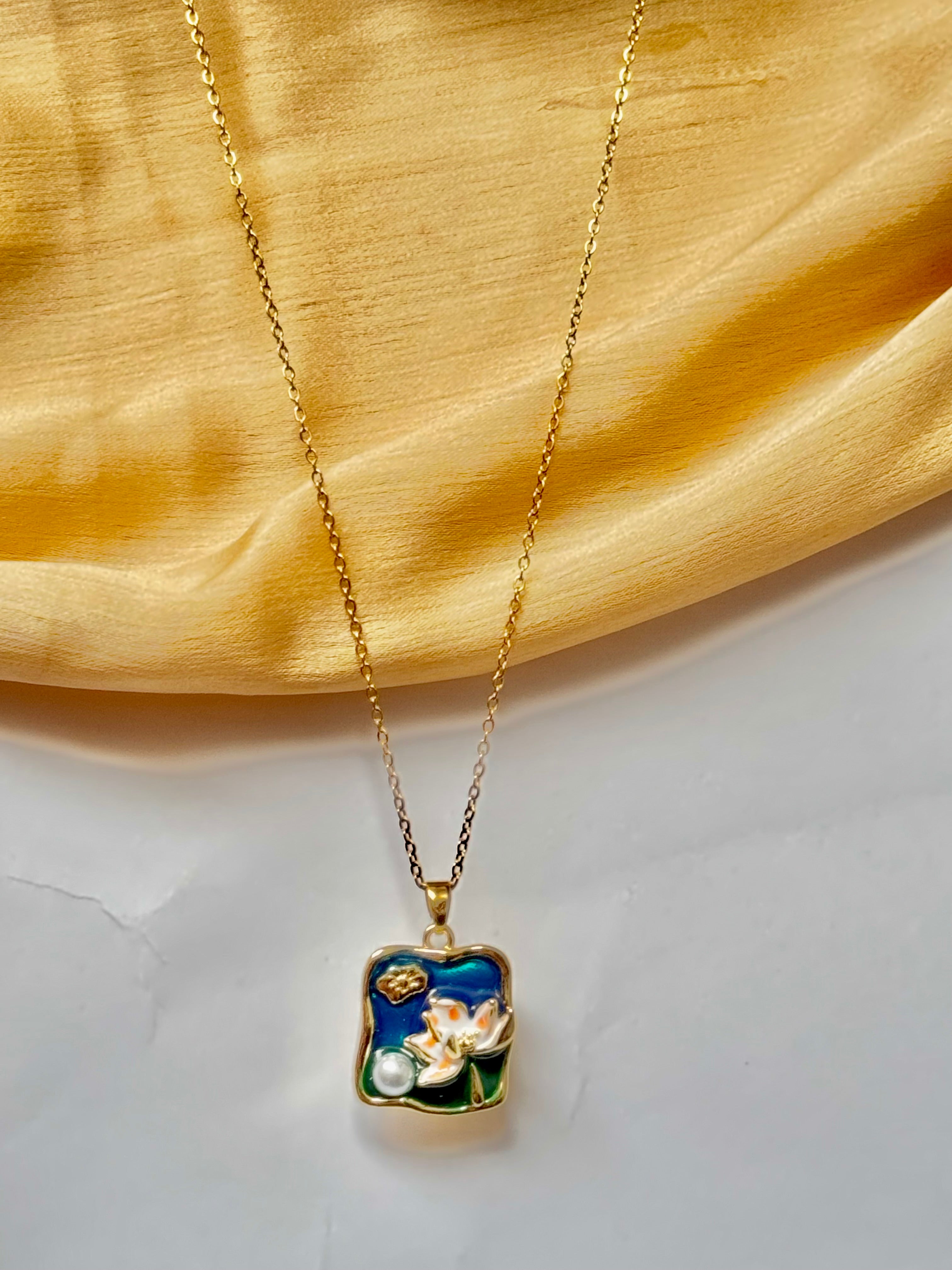 Elegant Gold Chain with  Blue Enamel Lotus Pendant