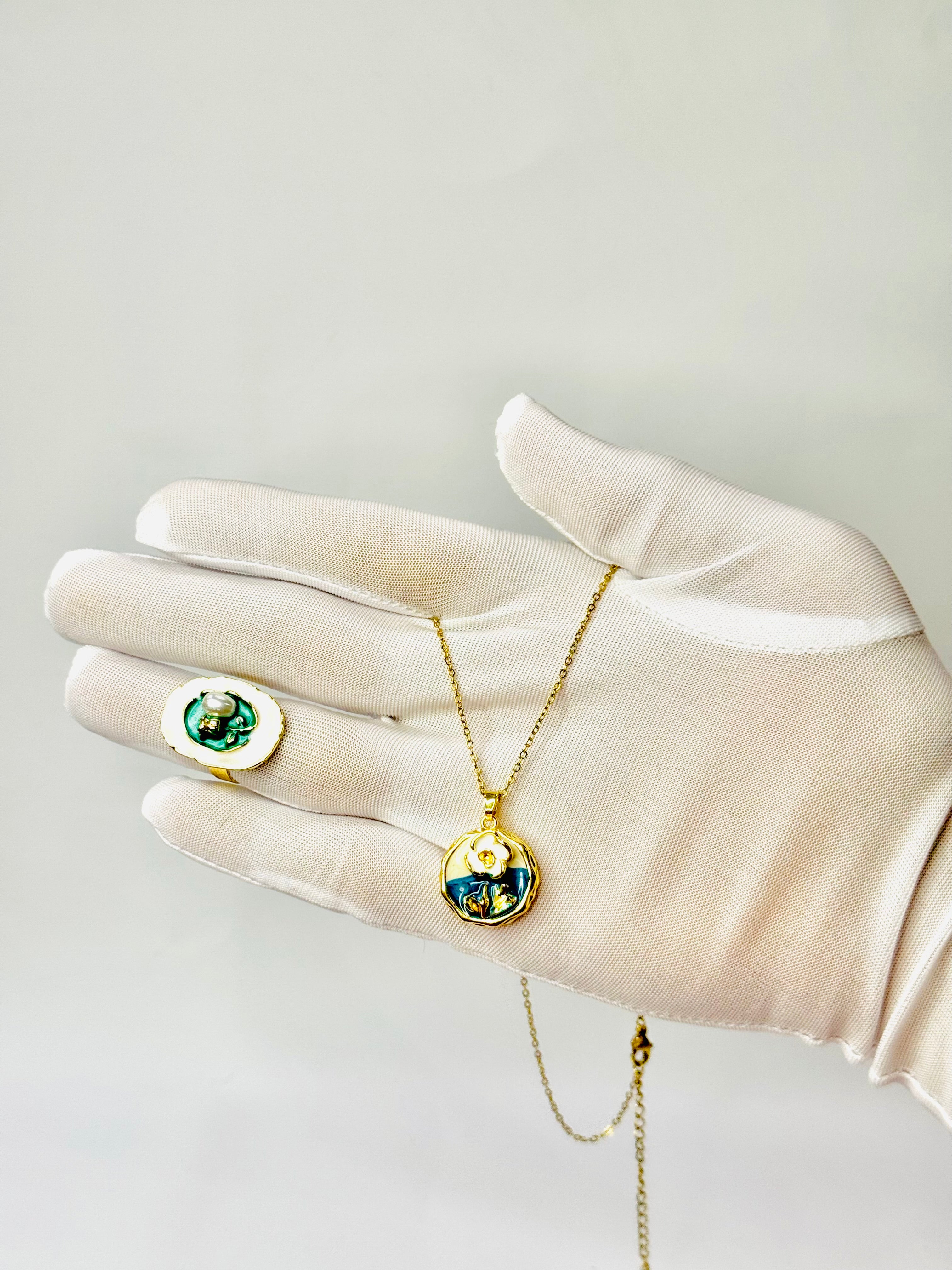 Green Enamel Lotus Pendant Necklace & Ring Combo – Gold-Plated | Alish Jewellery