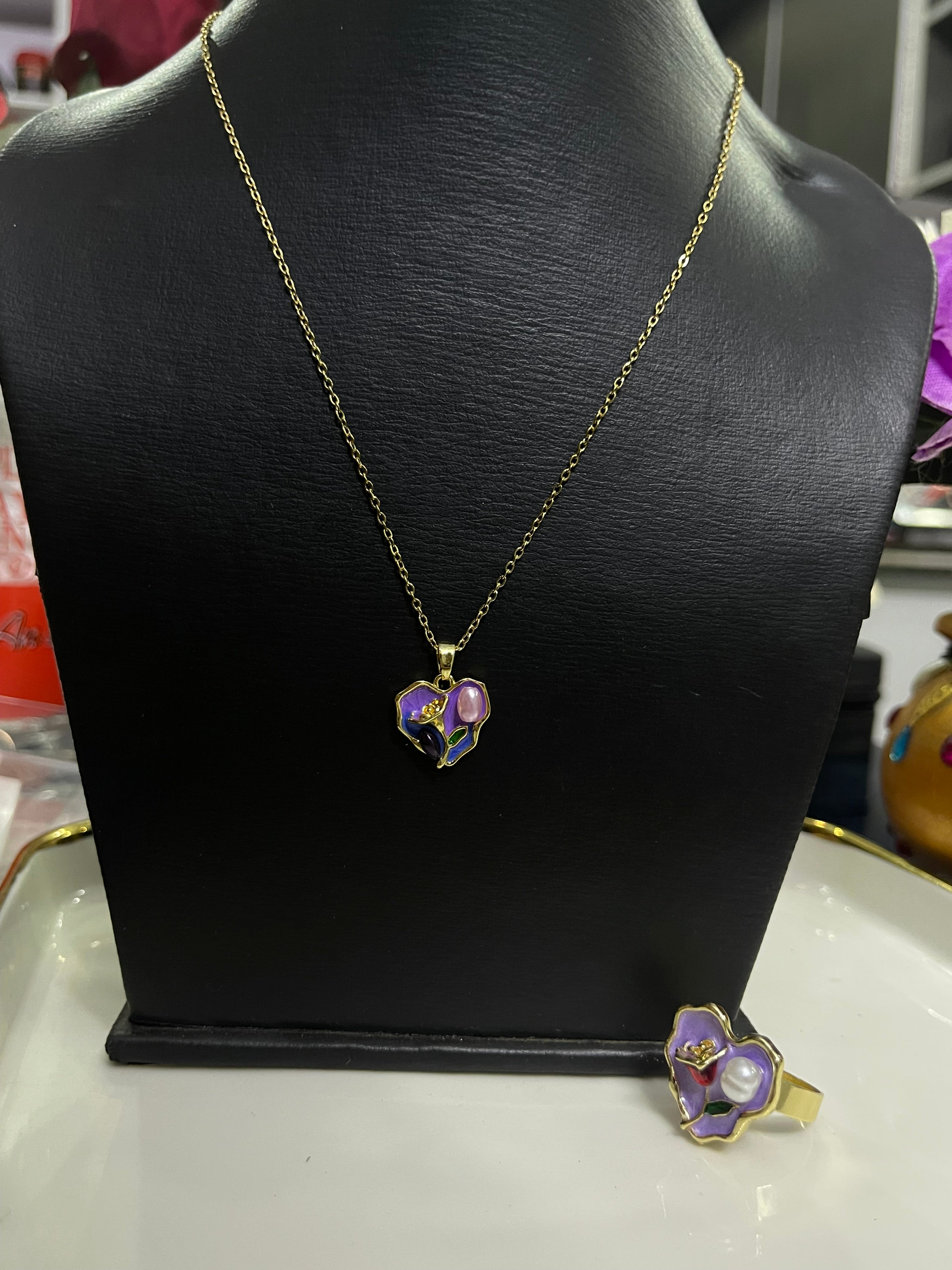 Purple Enamel Lotus Pendant Necklace & Ring Combo – Gold-Plated | Alish Jewellery