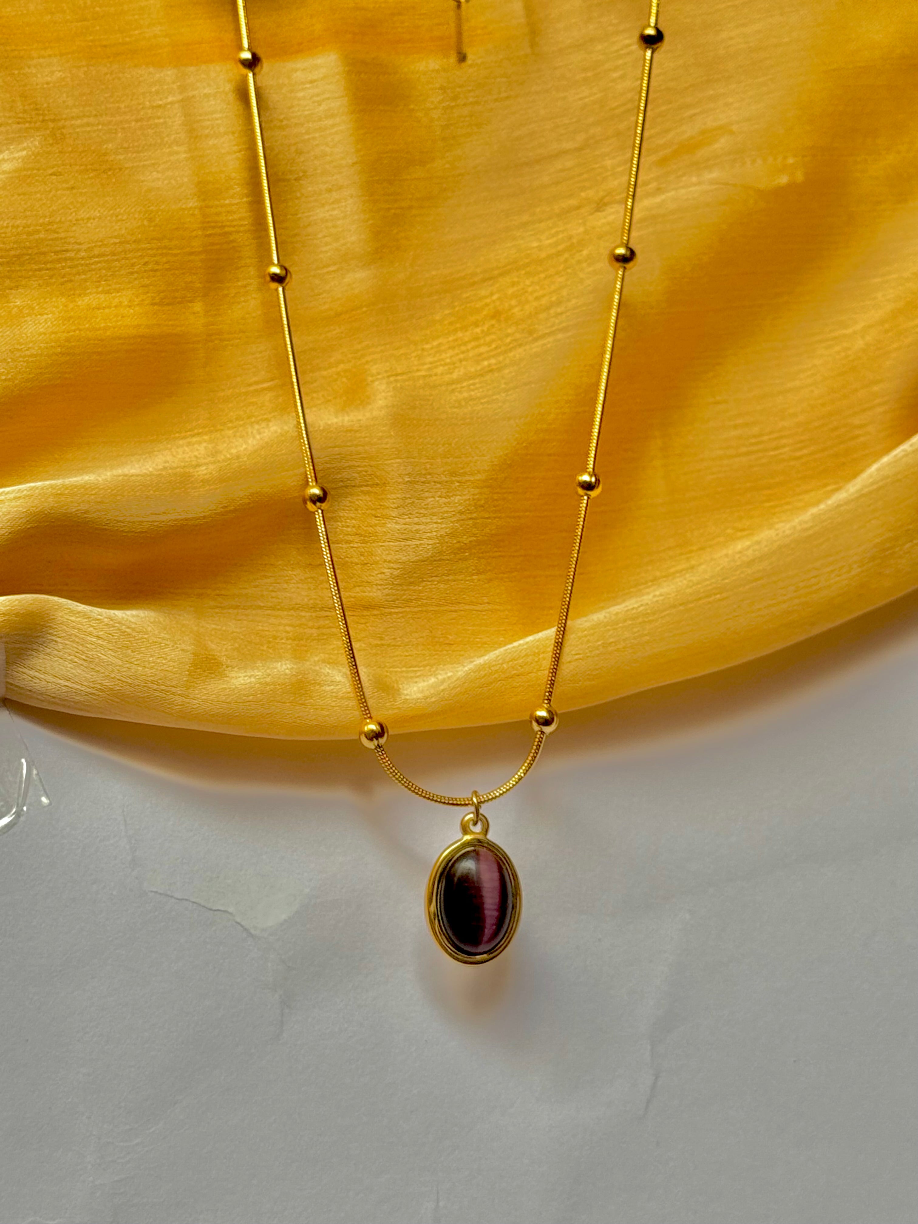 Purple & Green Oval Gemstone Pendant Necklace – Gold Beaded Chain | Alish Jewellery