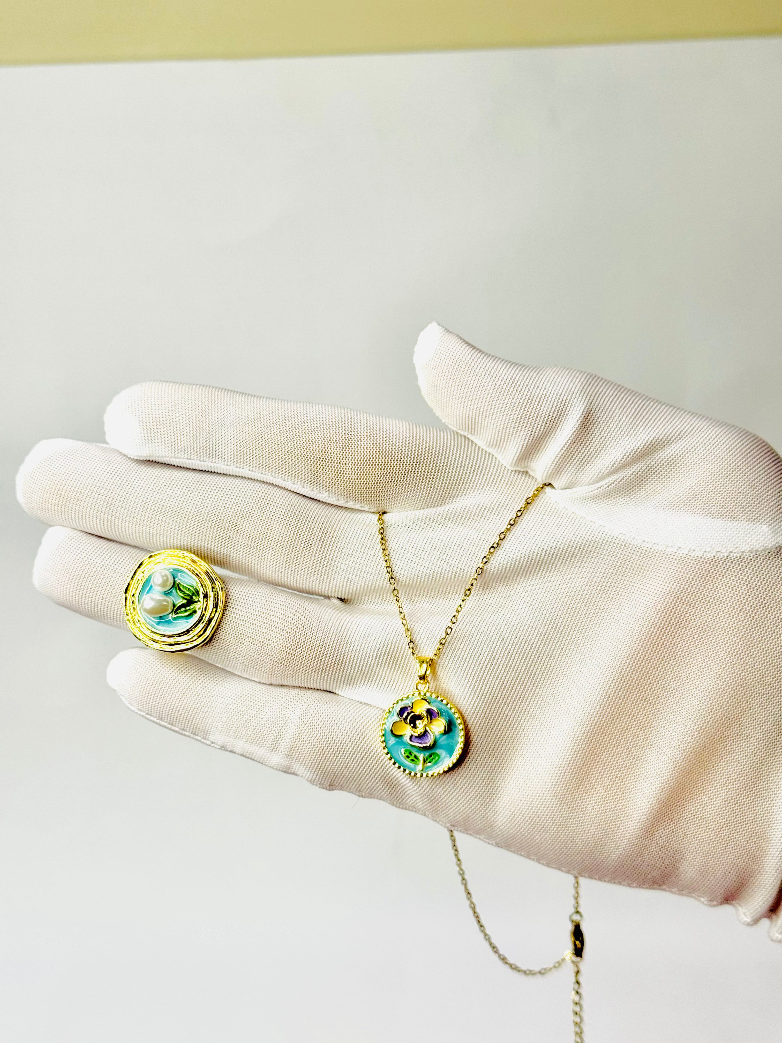 Sky Blue Enamel Lotus Pendant Necklace & Ring Combo – Gold-Plated | Alish Jewellery
