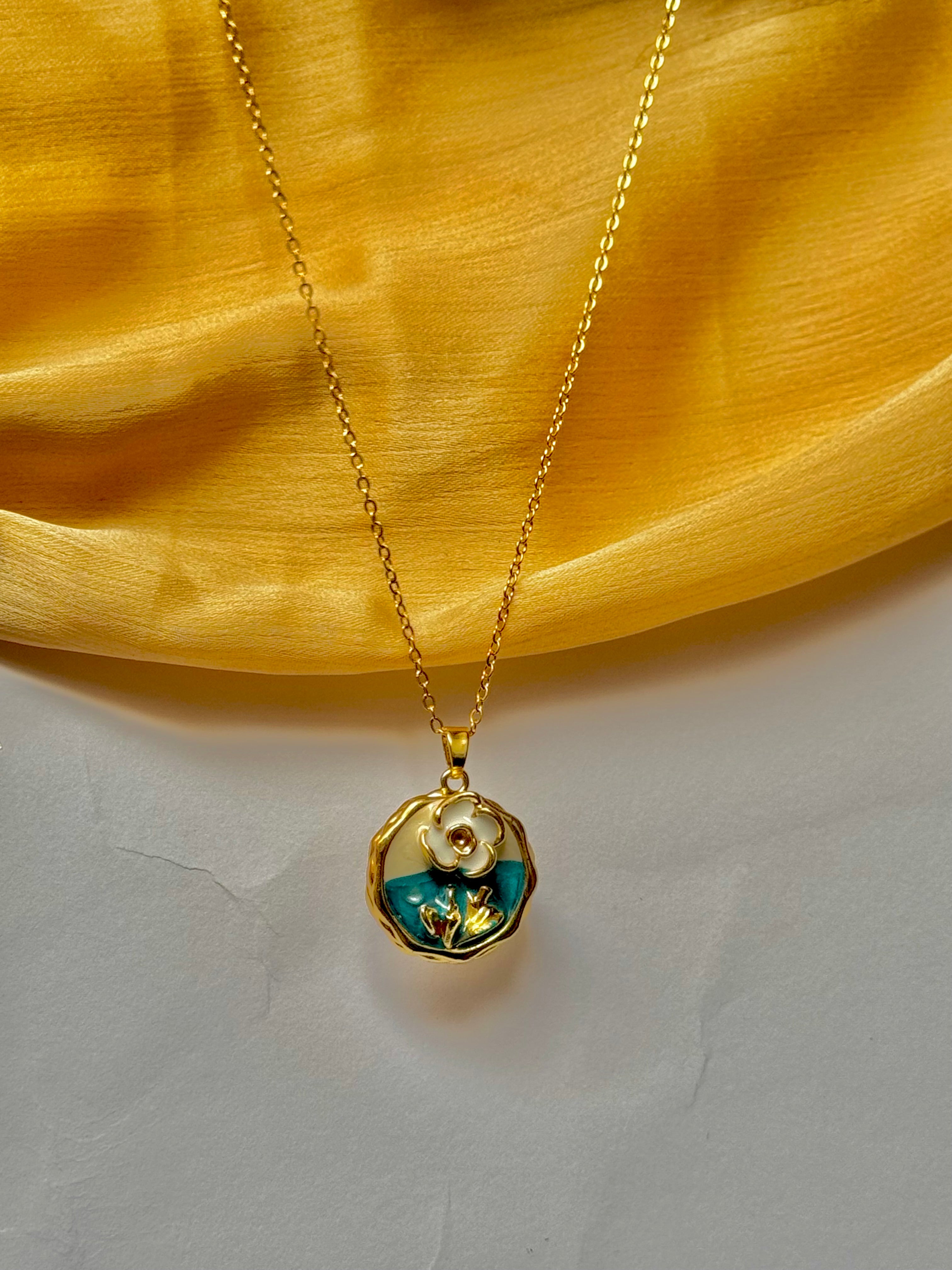 Elegant Gold Chain with sea green Enamel Lotus Pendant