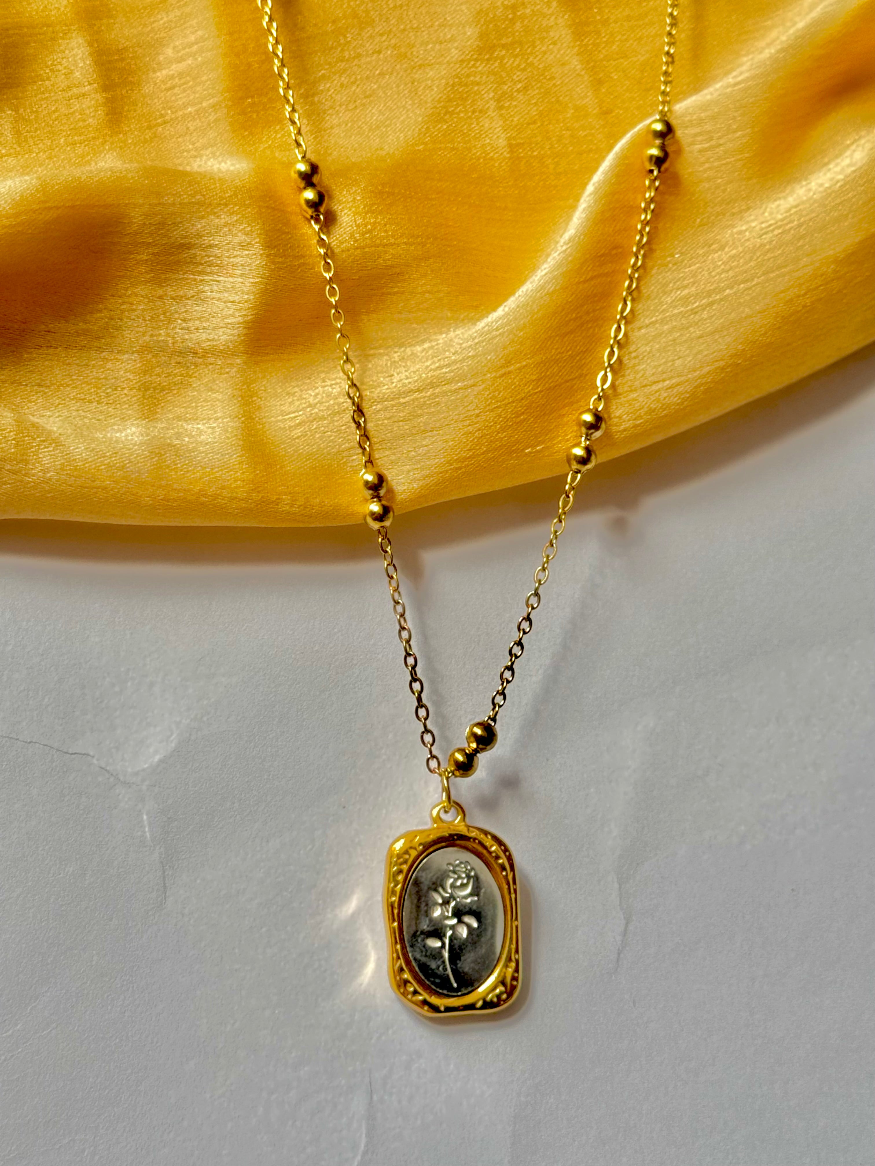 Vintage Rose Pendant Necklace with Gold Beaded Chain | Alish Jewellery