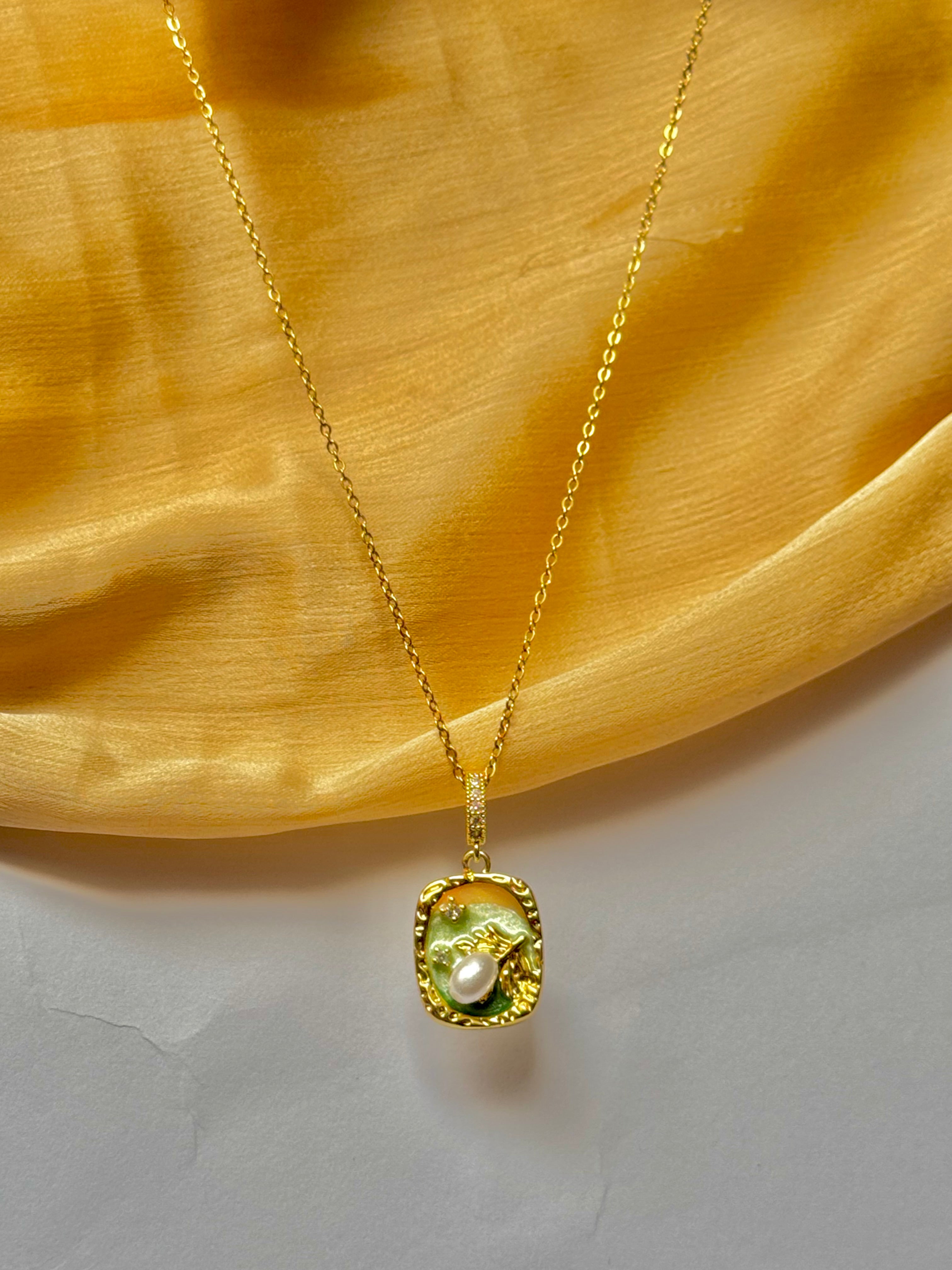 Elegant Gold Chain with Green Enamel Lotus Pendant | Alish Jewellery