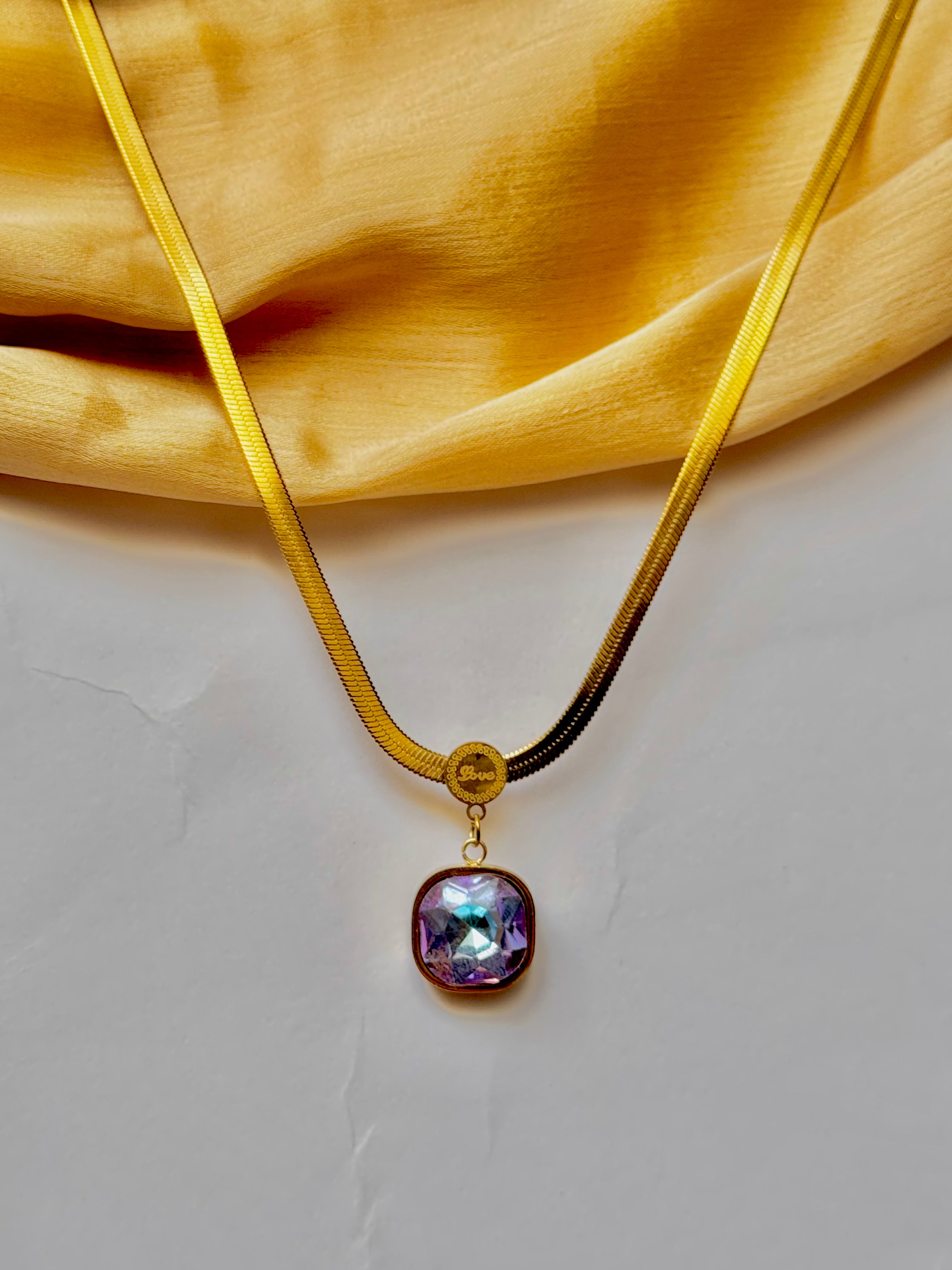 Golden Snake Chain Necklace with Iridescent Crystal Pendant | Alish Jewellery