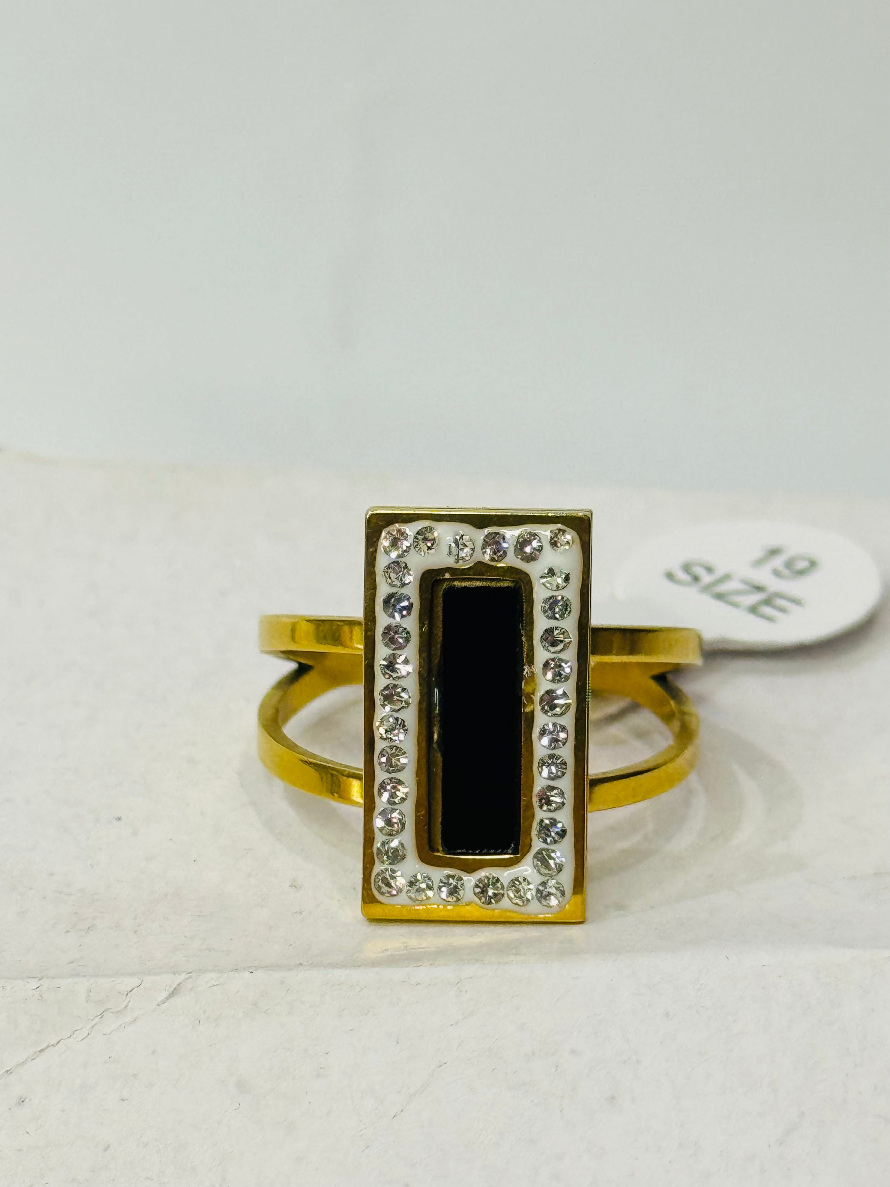 Gold Rectangle Black Onyx Ring with Diamond Accents – Statement Jewelry