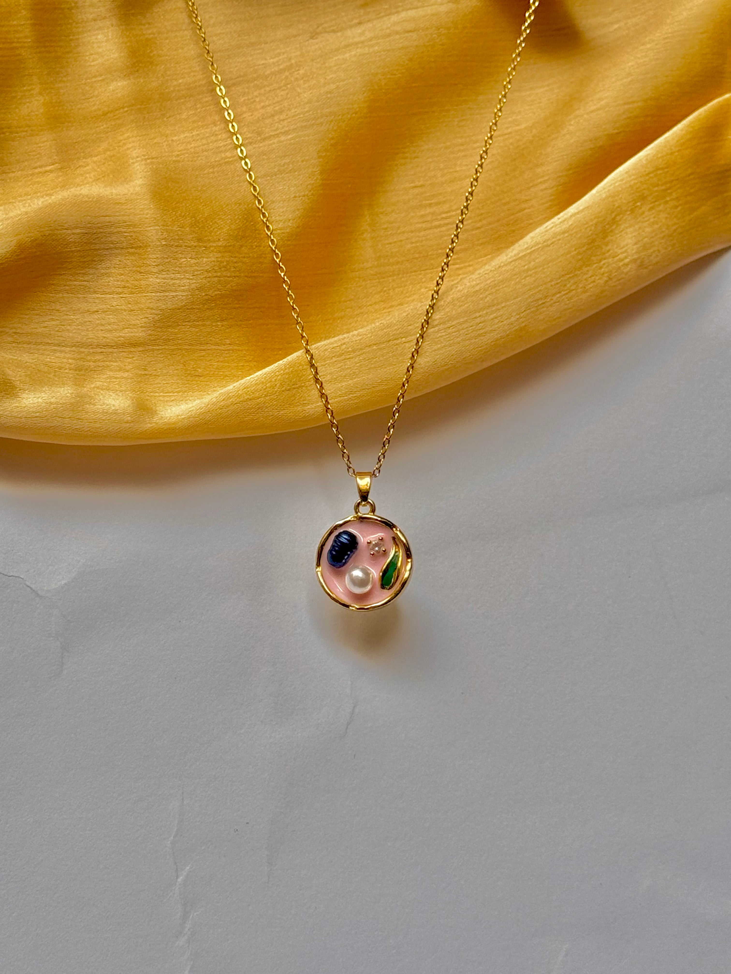 Elegant Gold Chain with Pink Enamel Lotus Pendant