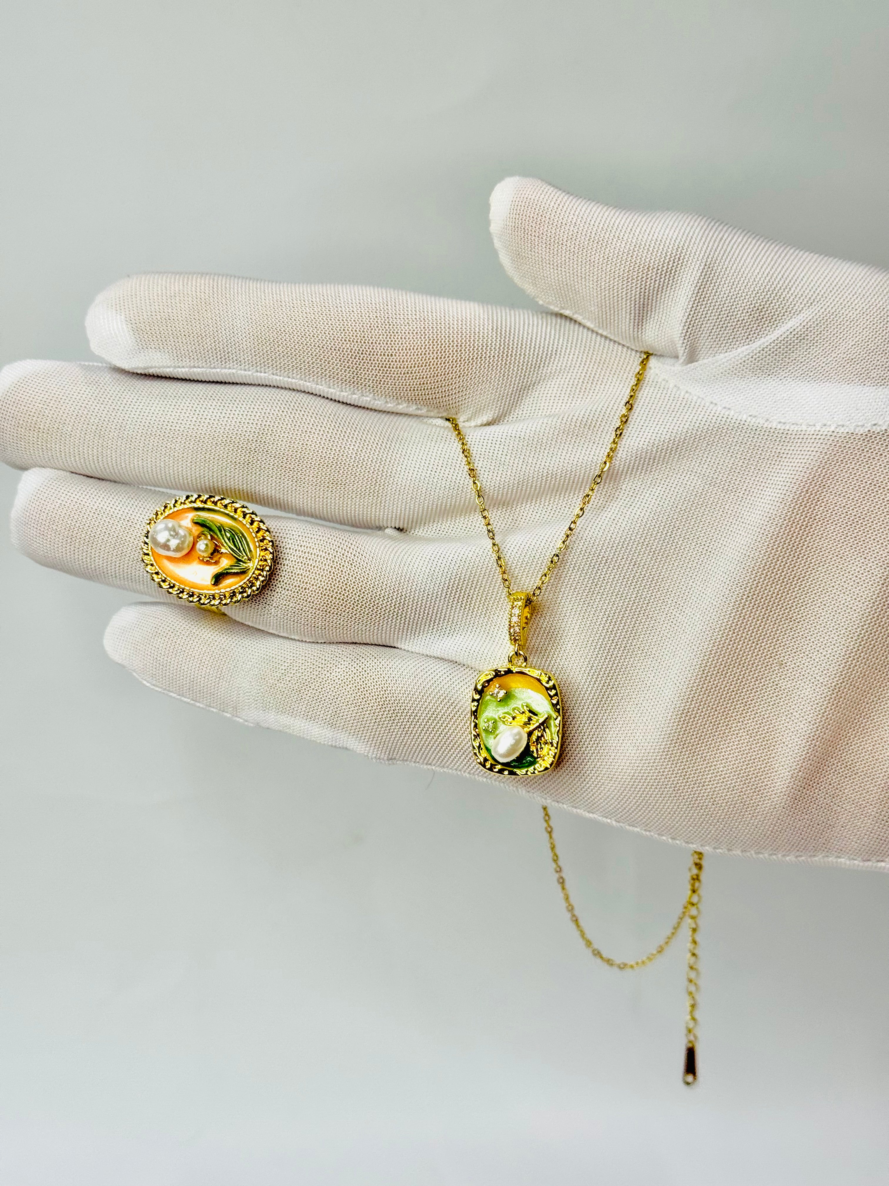 Green Enamel Lotus Pendant Necklace & Ring Combo – Gold-Plated | Alish Jewellery