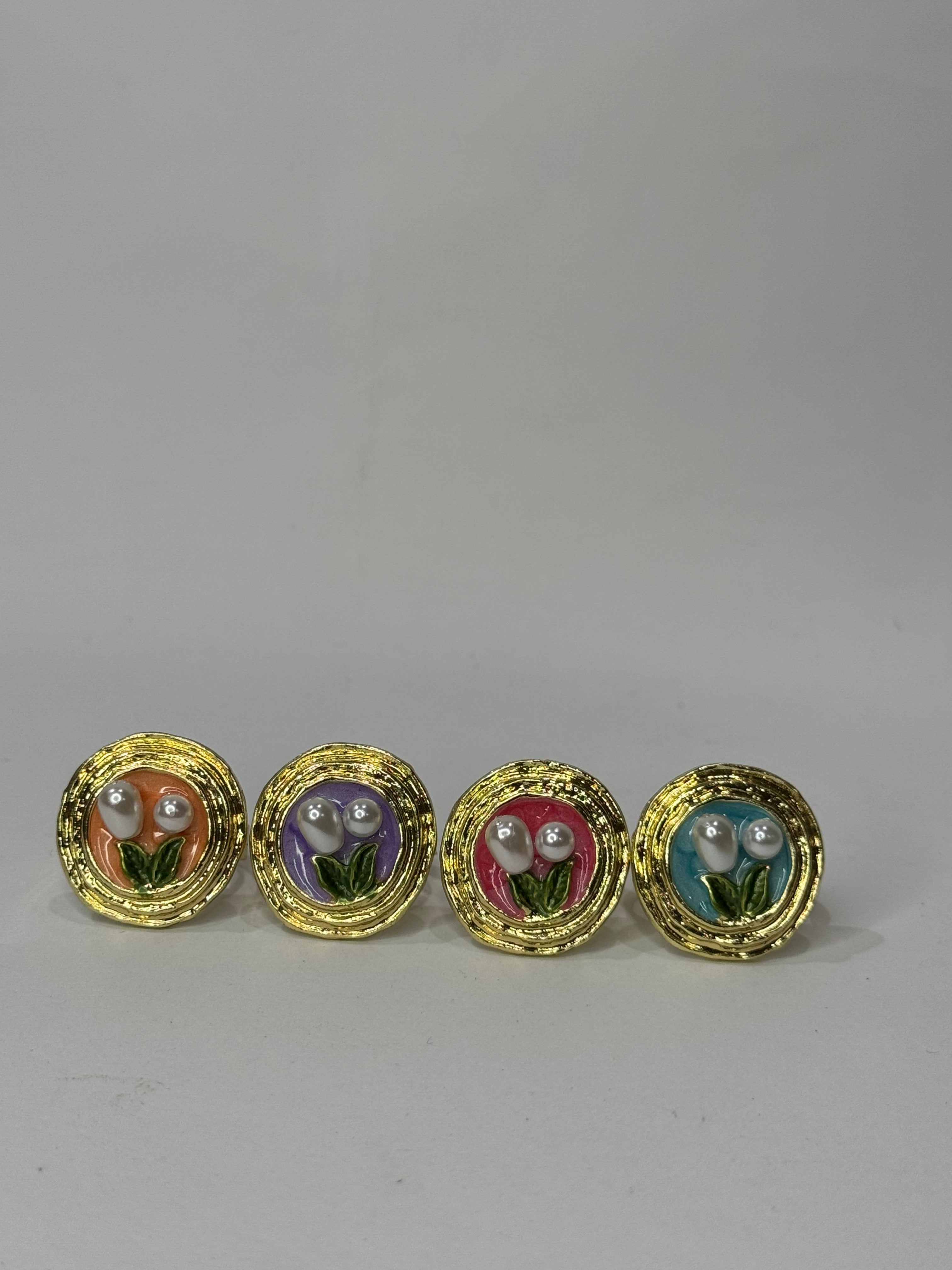 Pastel Floral Pearl Adjustable Rings Set – 4 Color Collection