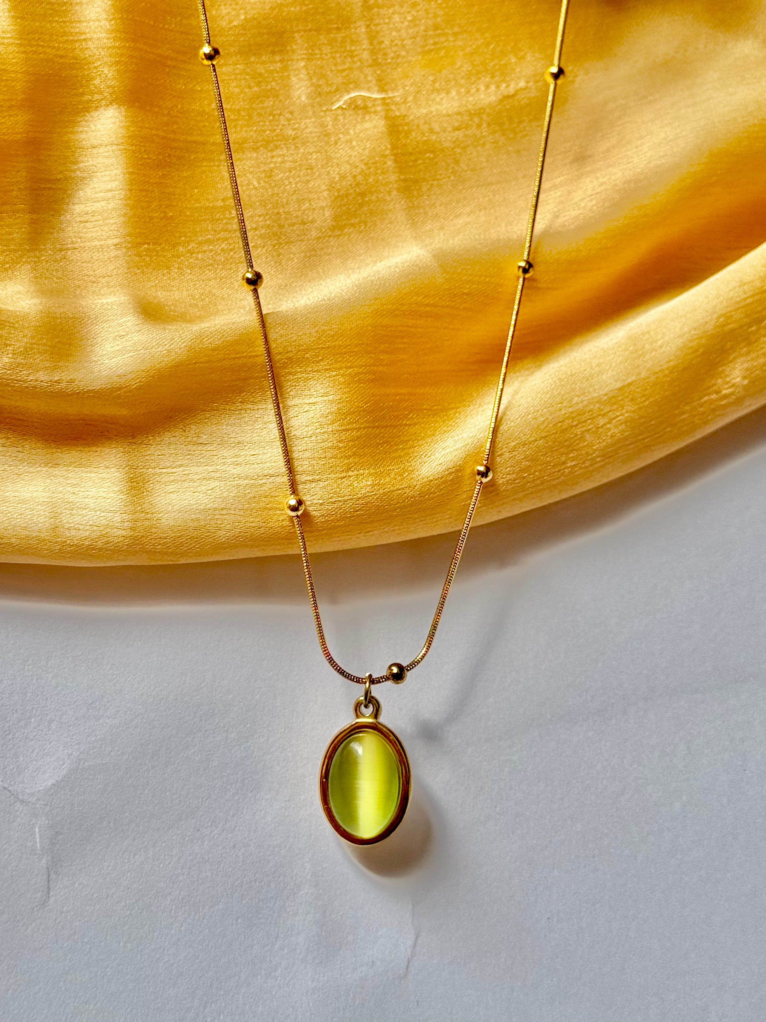 Purple & Green Oval Gemstone Pendant Necklace – Gold Beaded Chain | Alish Jewellery
