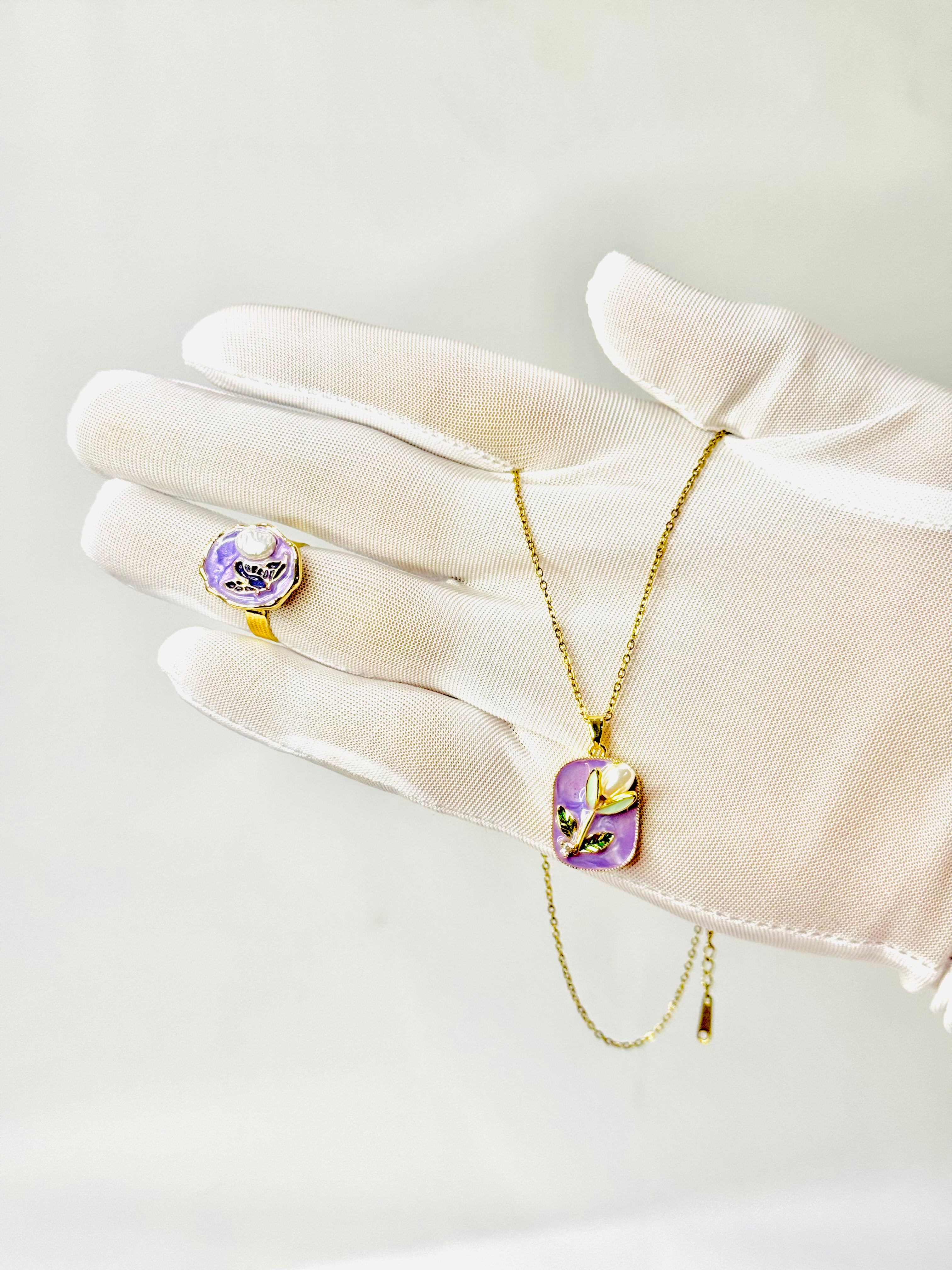 Purple Enamel Lotus Pendant Necklace & Ring Combo – Gold-Plated | Alish Jewellery