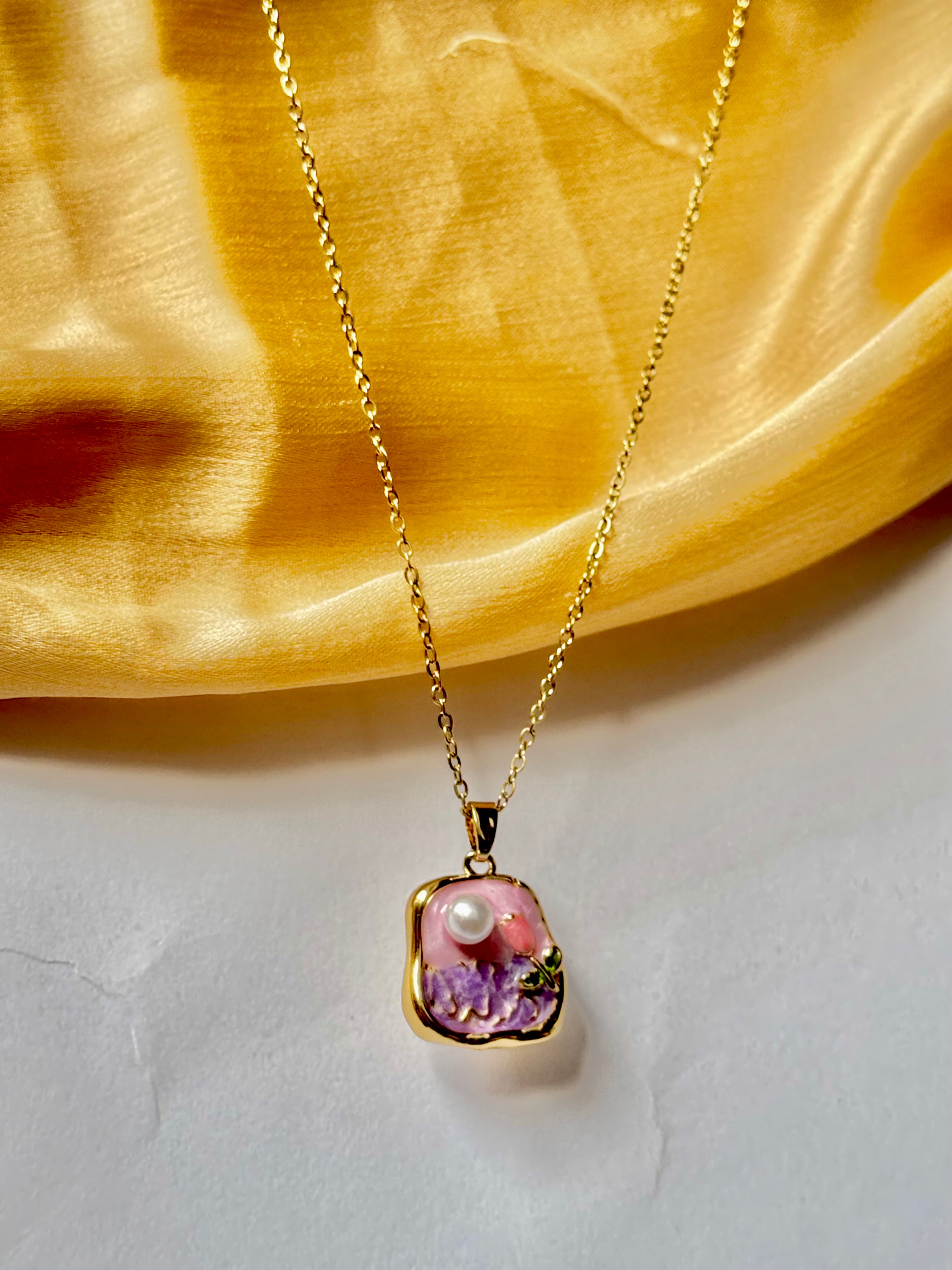 Elegant Gold Chain with Pink Enamel Lotus Pendant