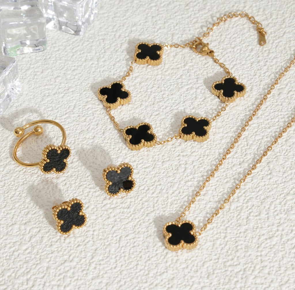 Black Clover Jewelry Set – Necklace, Bracelet, Earrings & Ring