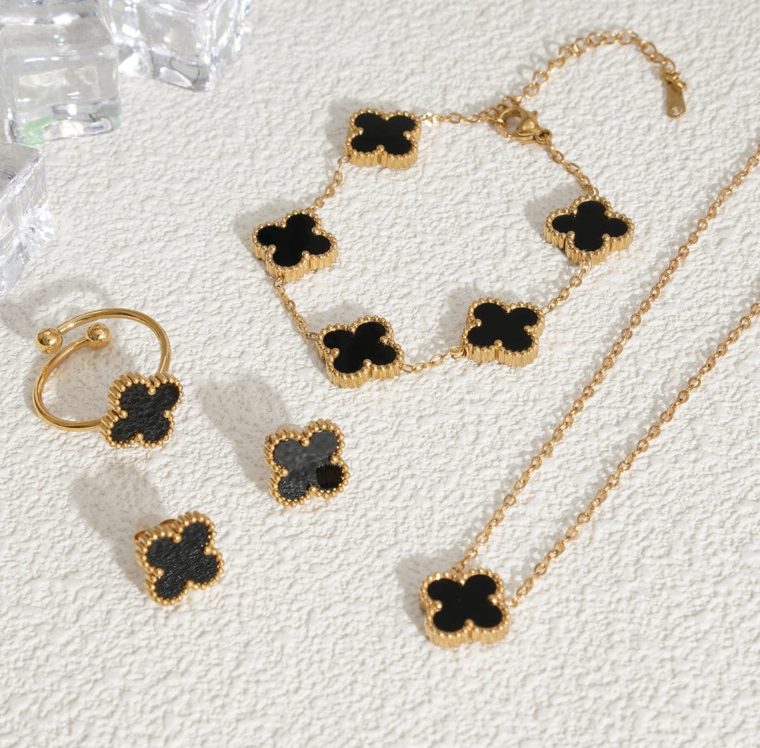 Black Clover Jewelry Set – Necklace, Bracelet, Earrings & Ring