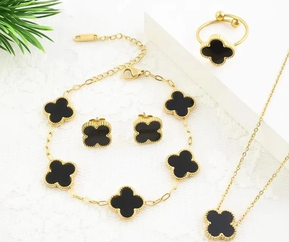 Black Clover Jewelry Set – Necklace, Bracelet, Earrings & Ring