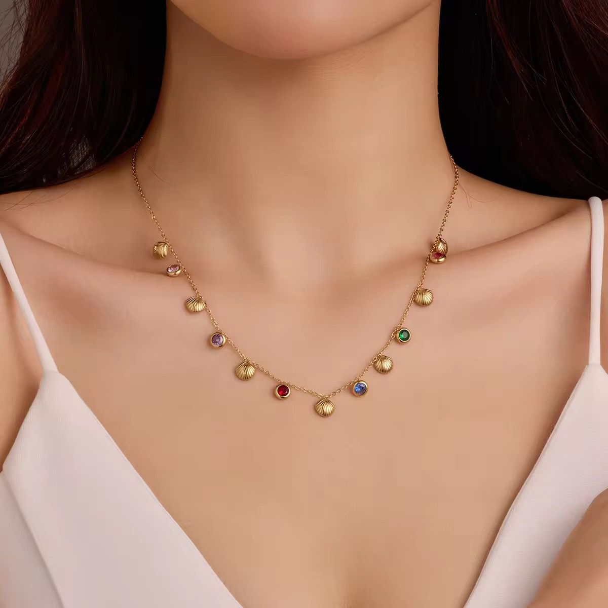 Seashell & Multicolor Gemstone Charm Necklace – Boho Chic