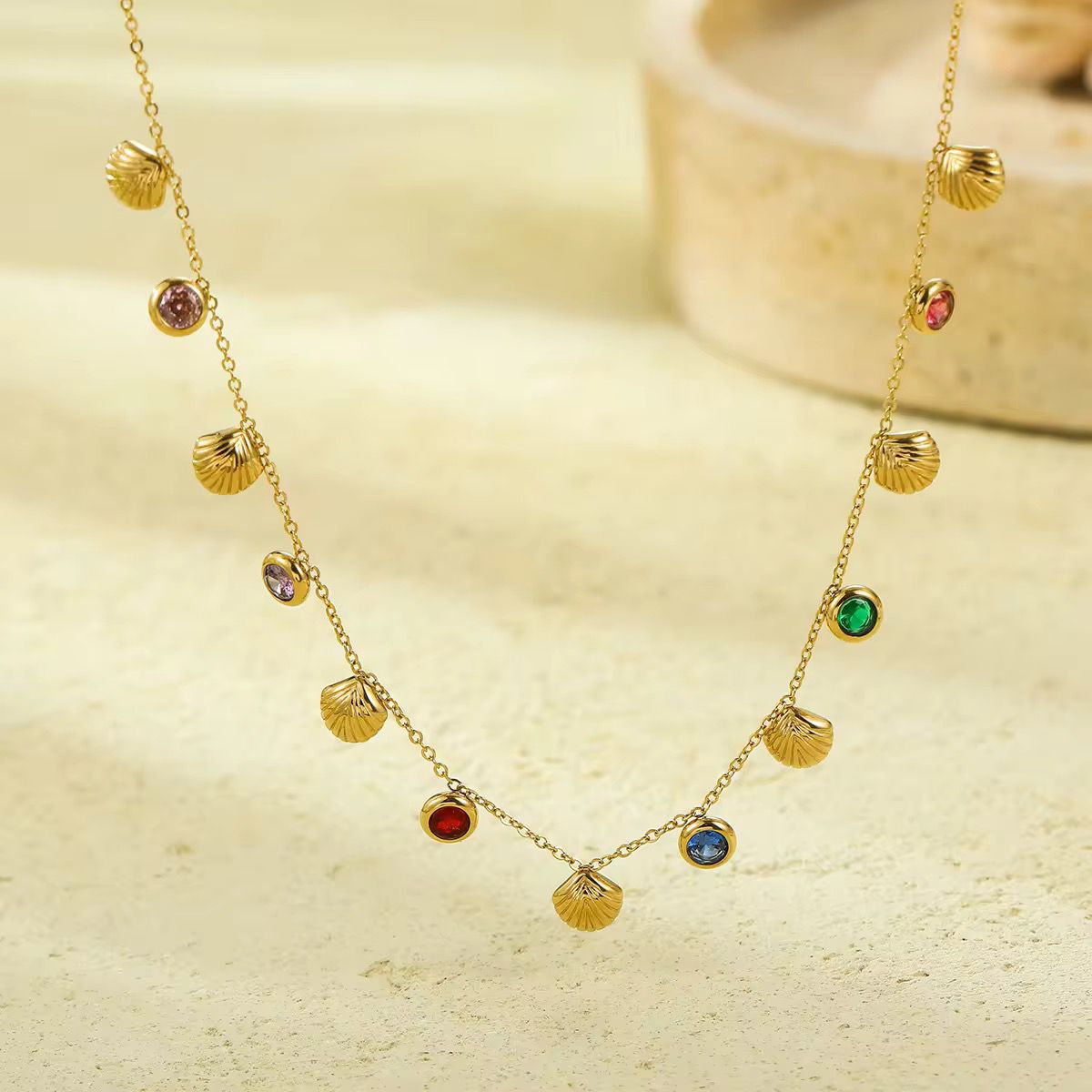 Seashell & Multicolor Gemstone Charm Necklace – Boho Chic