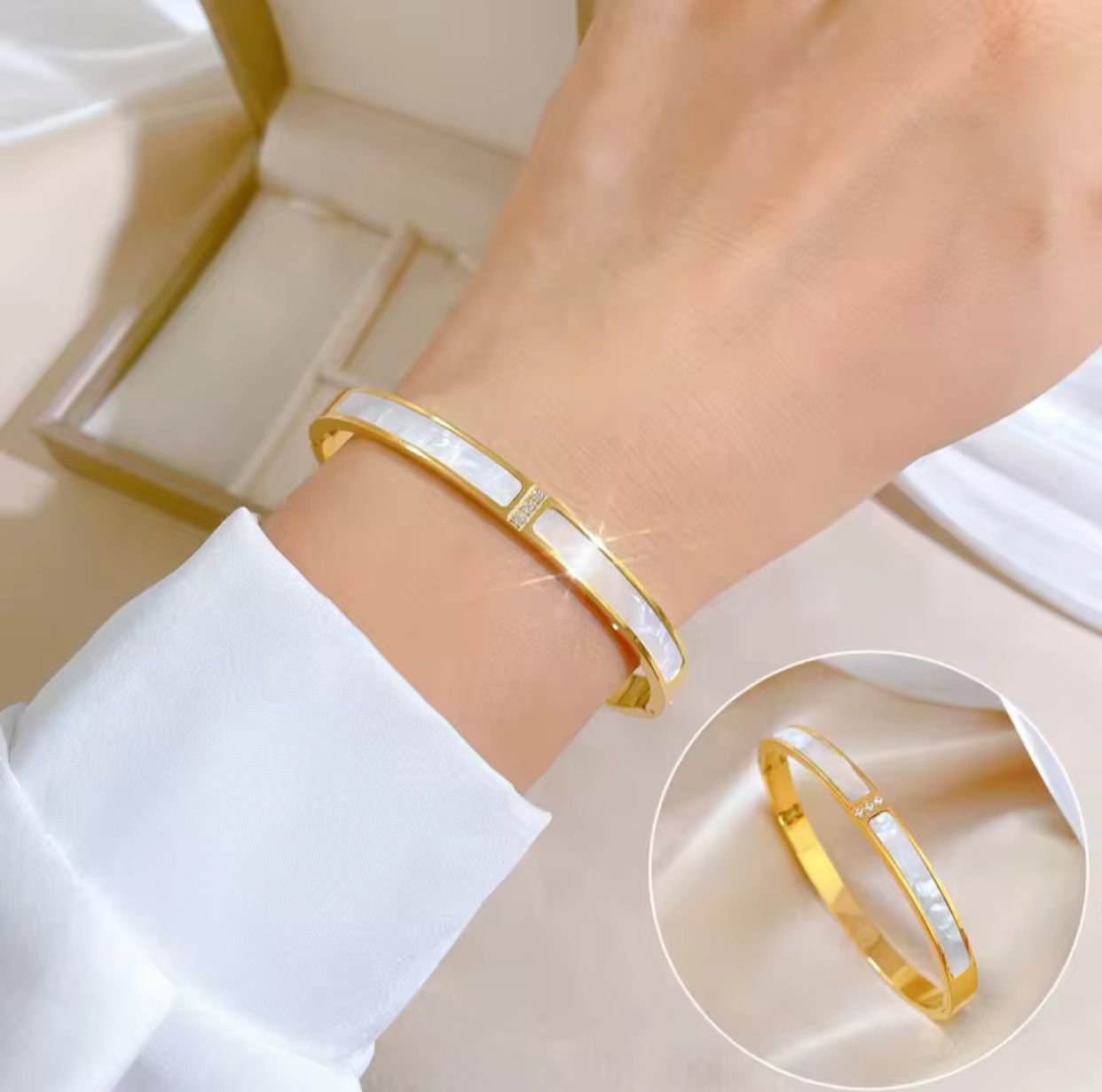 Gold Bangle with Mother of Pearl & Sparkling Accents 💎