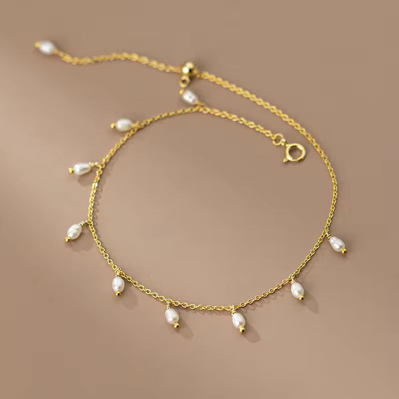 "Dainty Pearl Anklet - Gold Chain with Teardrop Charms"