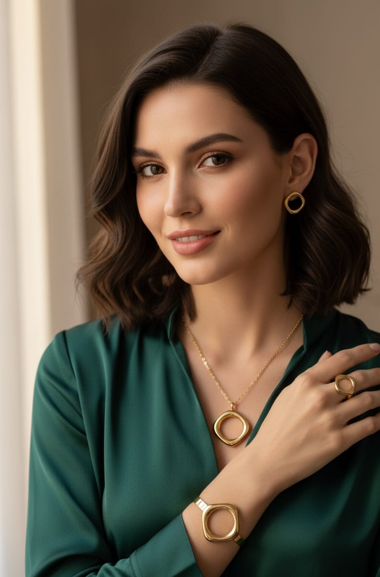 "Gold Jewelry Set with Interlocking Circles"