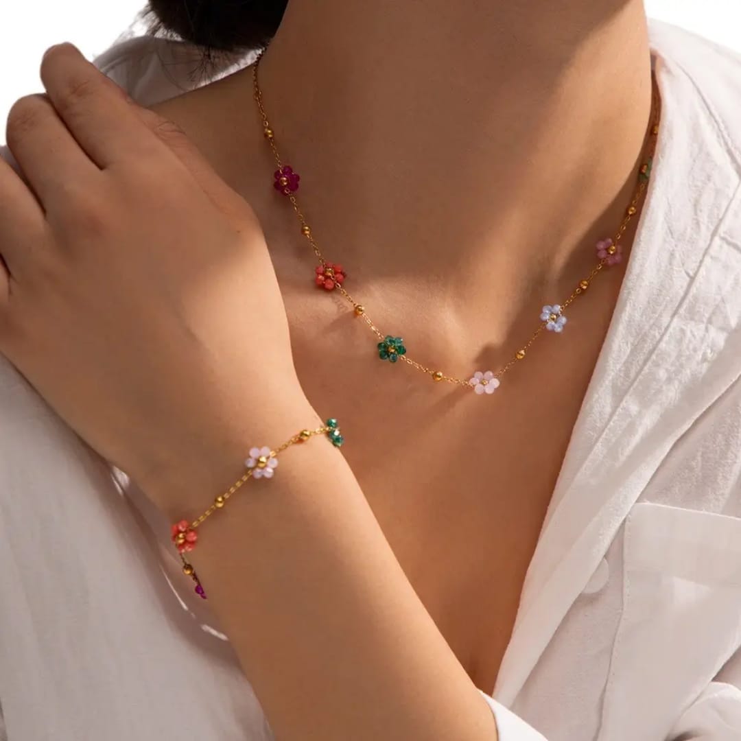 Floral charm necklace and bracelet set