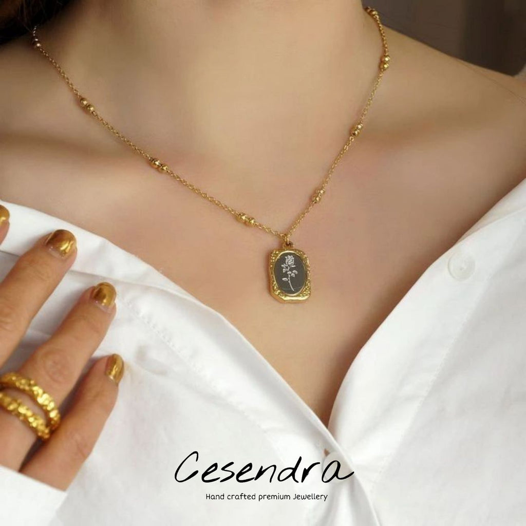 Vintage Rose Pendant Necklace with Gold Beaded Chain | Alish Jewellery