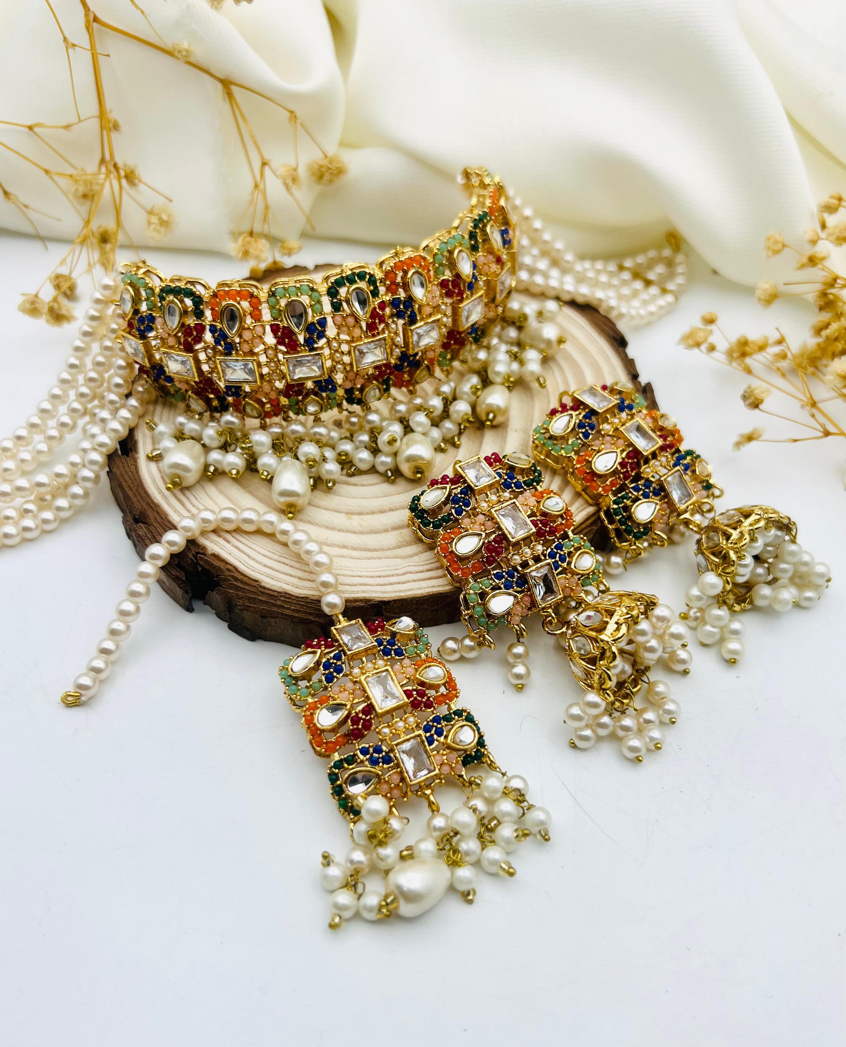 Traditional Pakistani Jewelry Set with Multicolor Stones