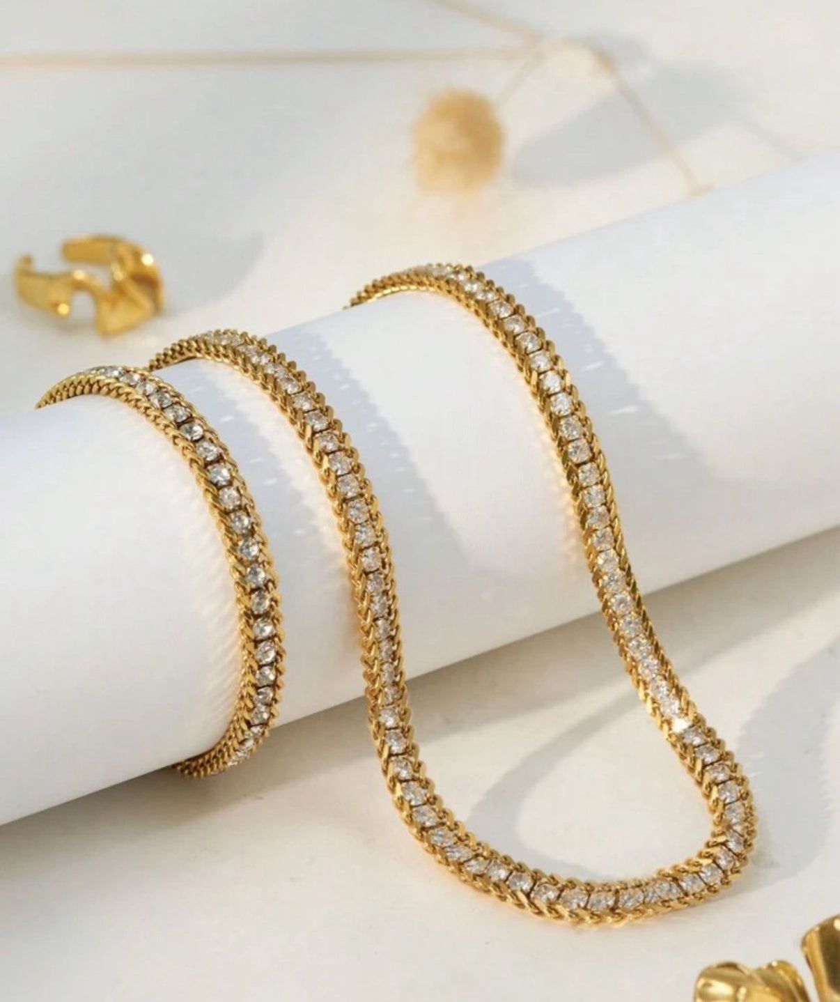 Tennis golden diamond necklace and bracelet
