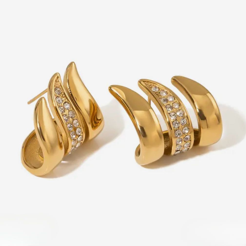 "Gold Wave Earrings with Crystals"