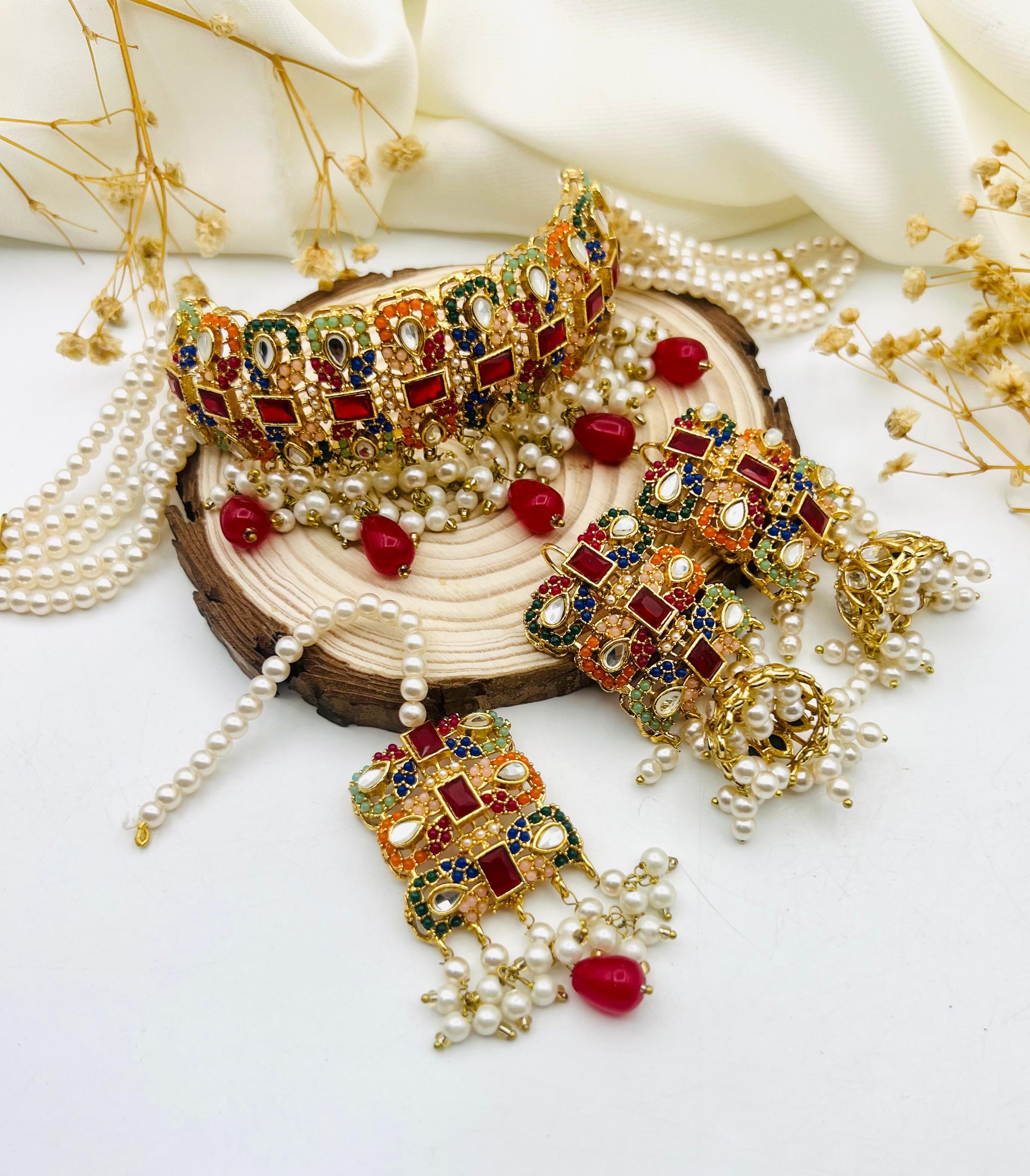 Traditional Pakistani Jewelry Set with Multicolor Stones