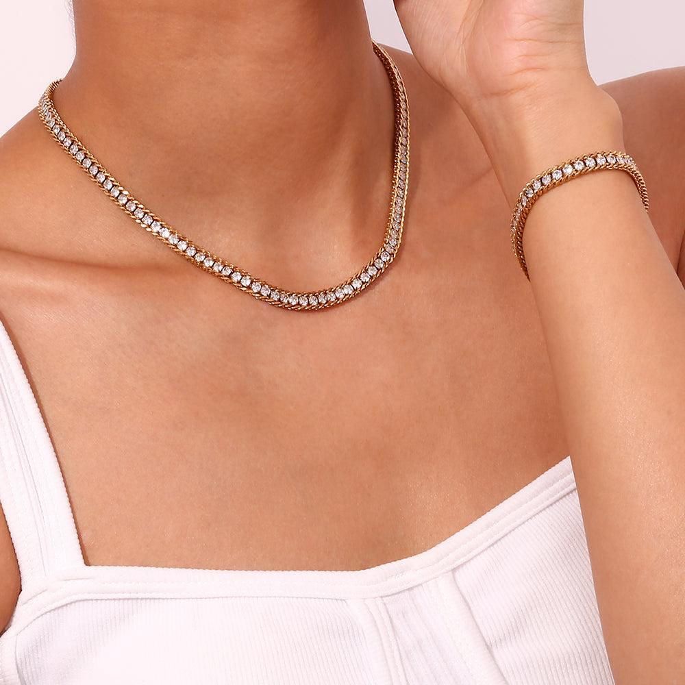 Tennis golden diamond necklace and bracelet