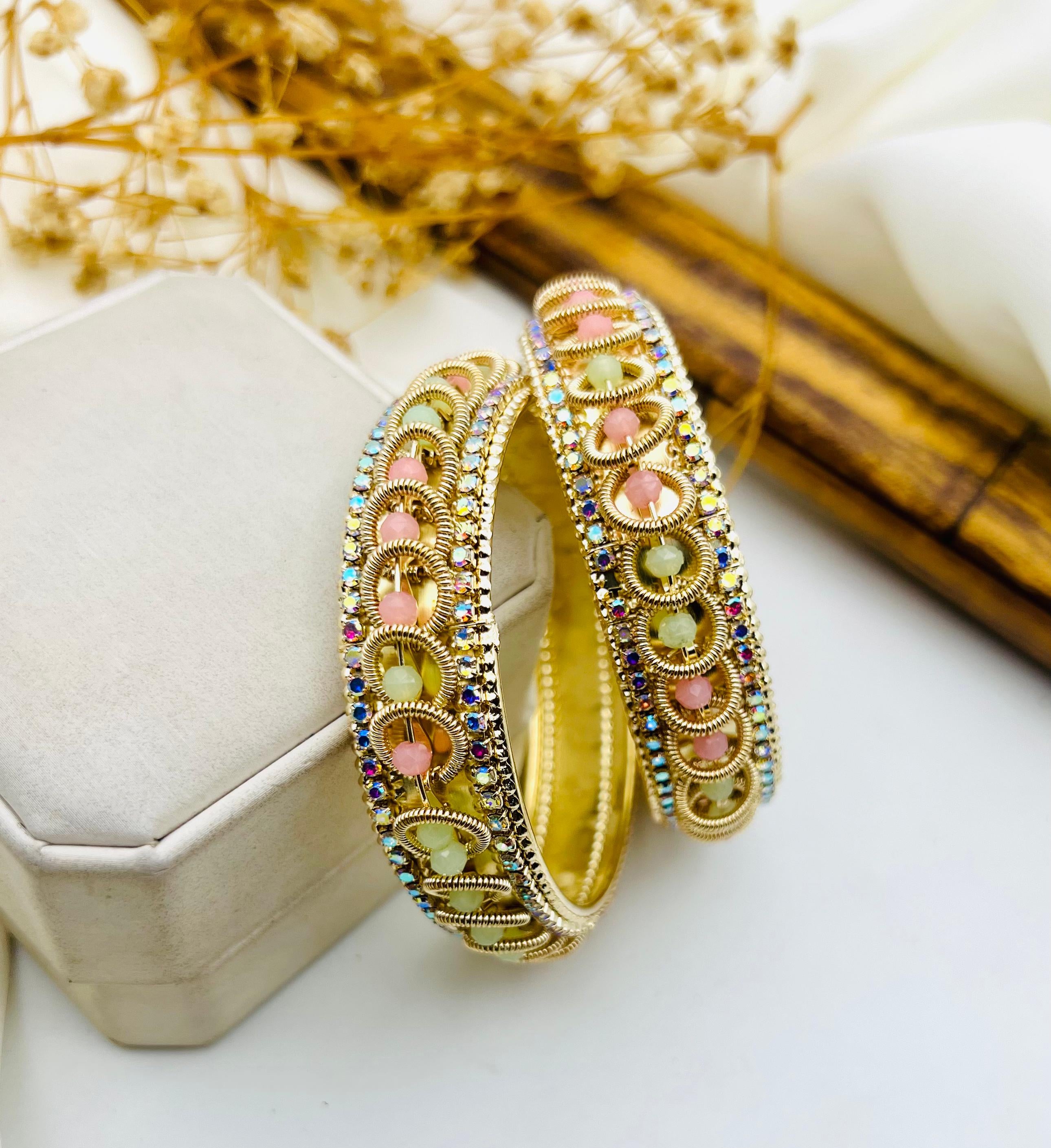 Elegant Gold Bangles with Pastel Stones