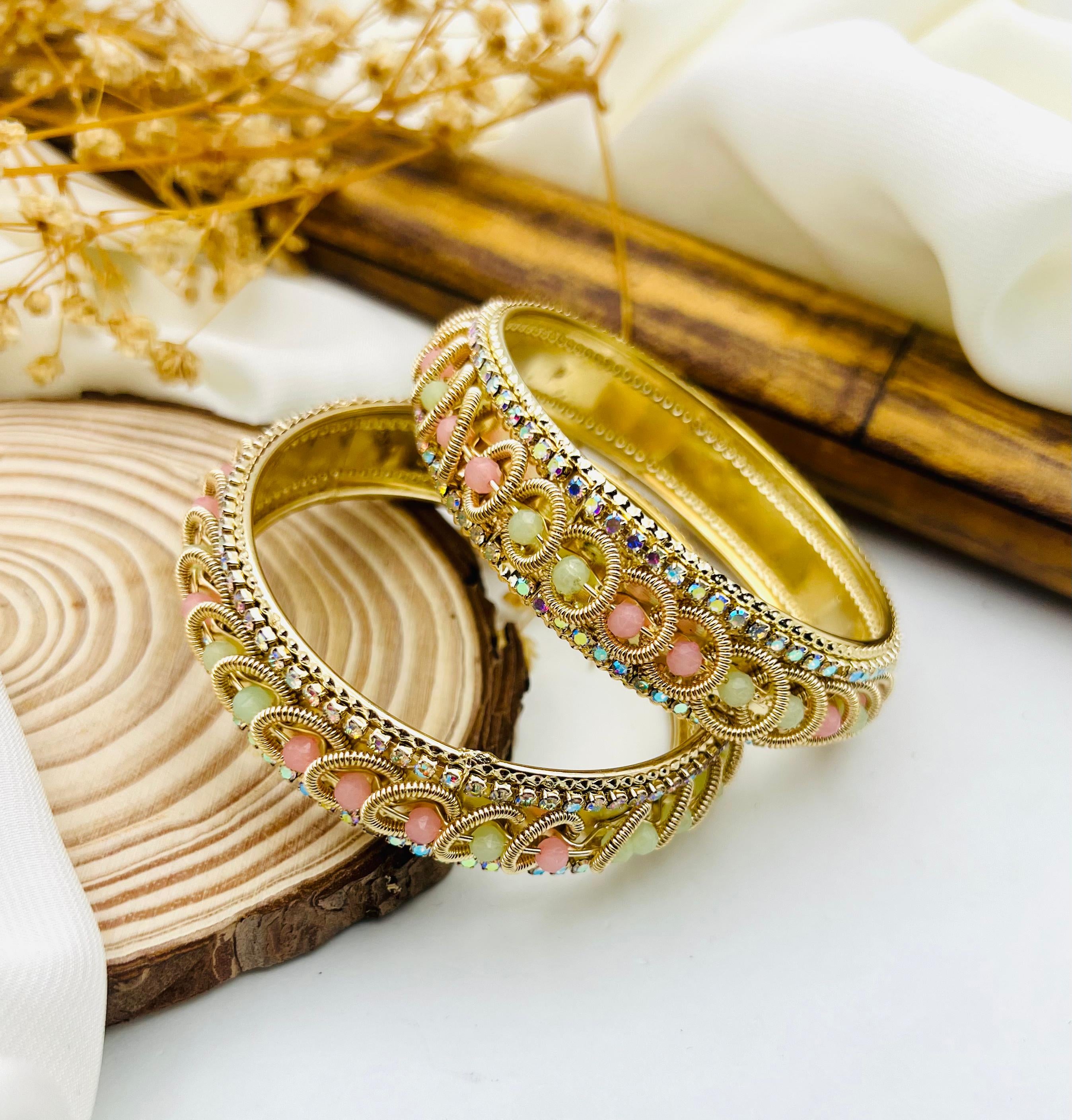 Elegant Gold Bangles with Pastel Stones