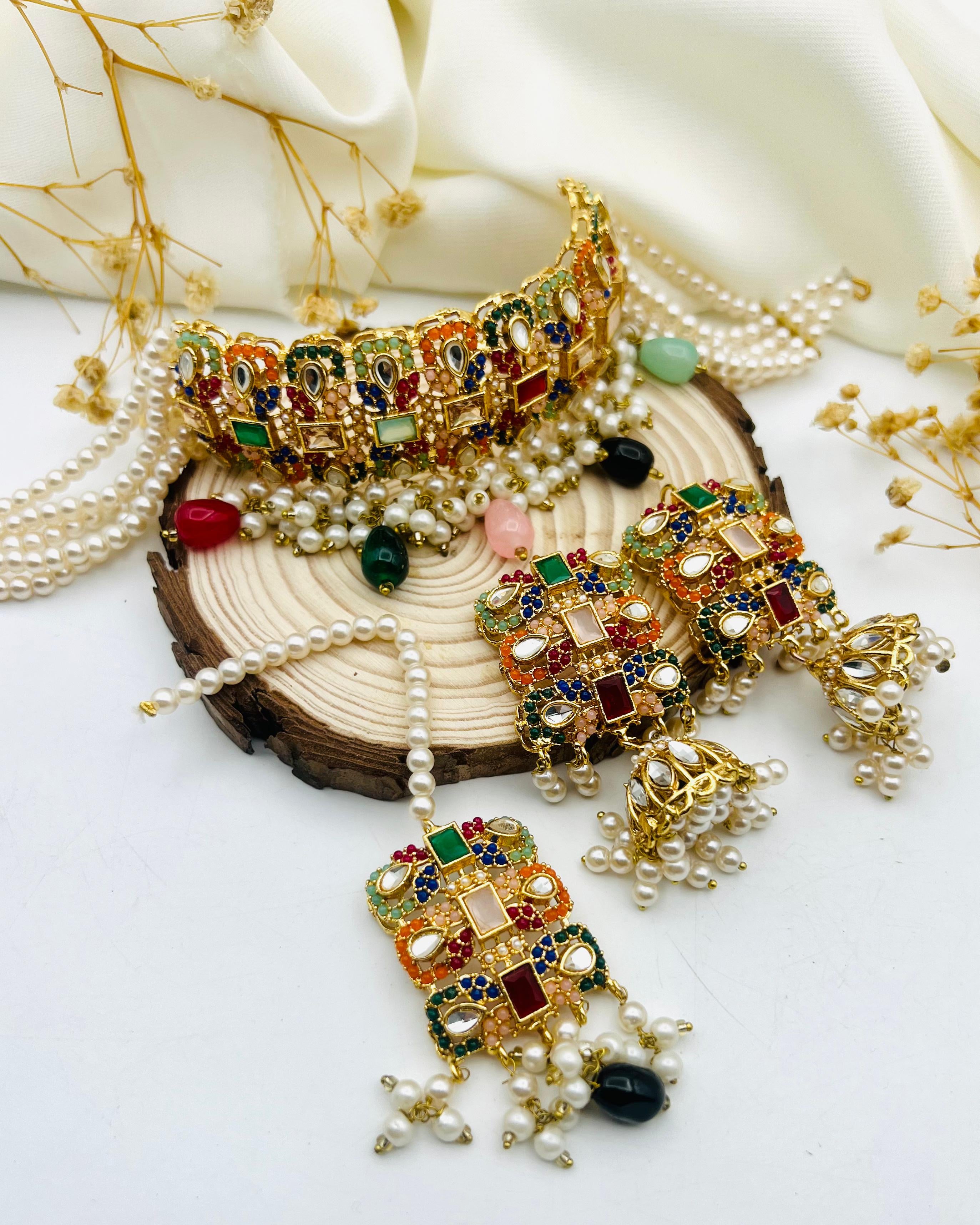 Traditional Pakistani Jewelry Set with Multicolor Stones