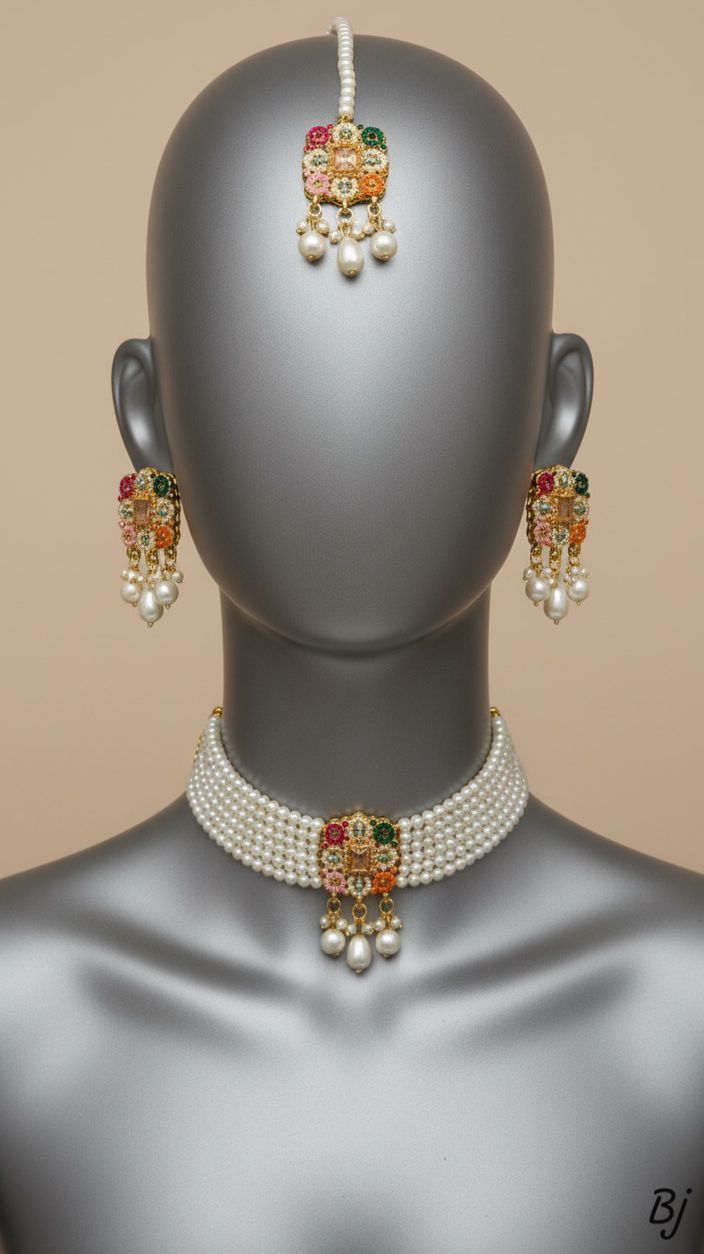 "Traditional Pearl & Kundan Jewelry Set - Elegant Choker with Maang Tikka & Earrings 🌸"