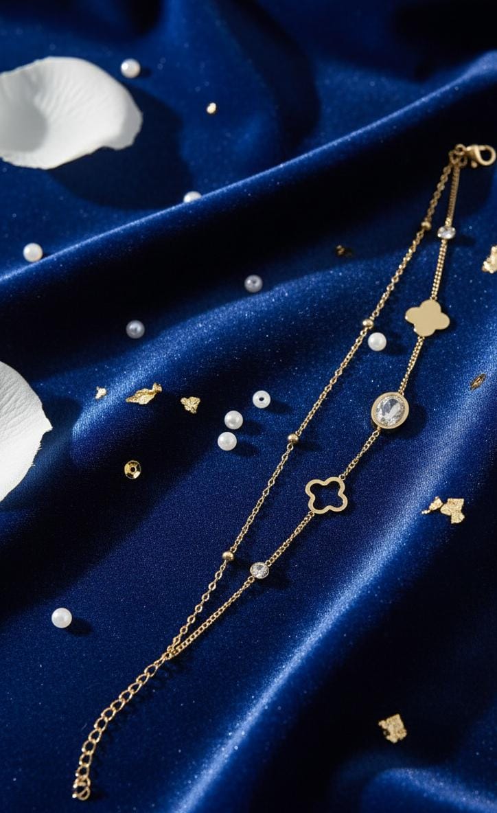 🌸 Elegant Clover & Black Stone Charm Bracelet –